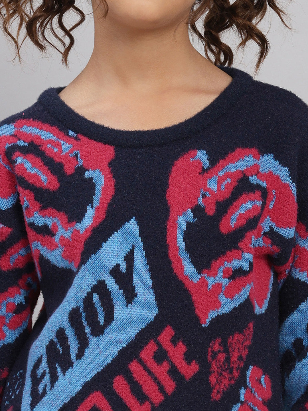 Girls Navy Blue Self Design Round Neck Full Sleeve Pullover