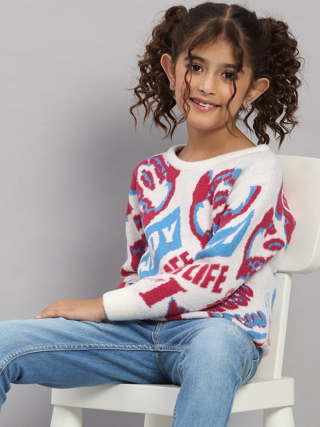 Girls Off White Self Design Round Neck Full Sleeve Pullover