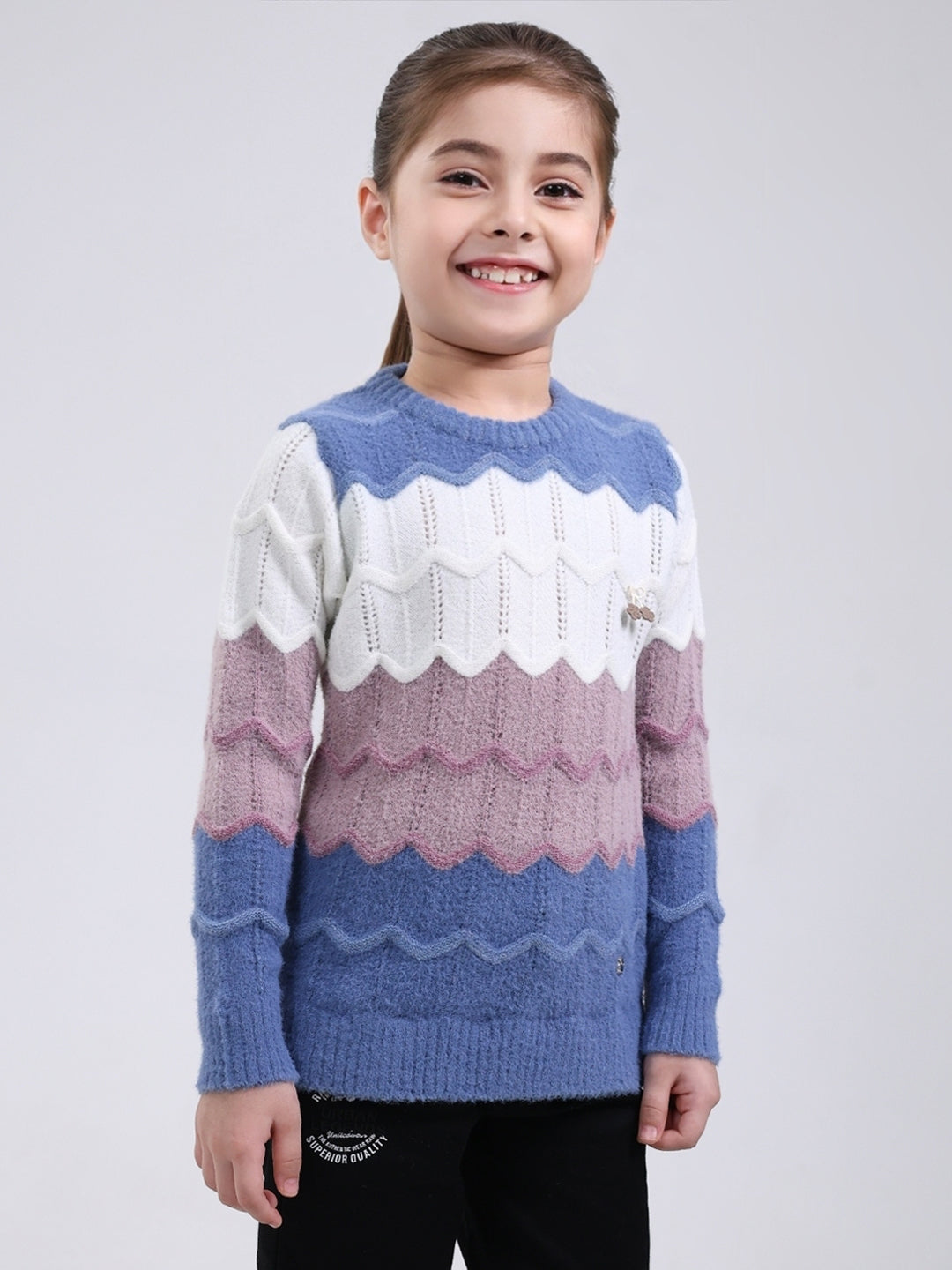 Girls Blue Stripe Round Neck Full Sleeve Pullover