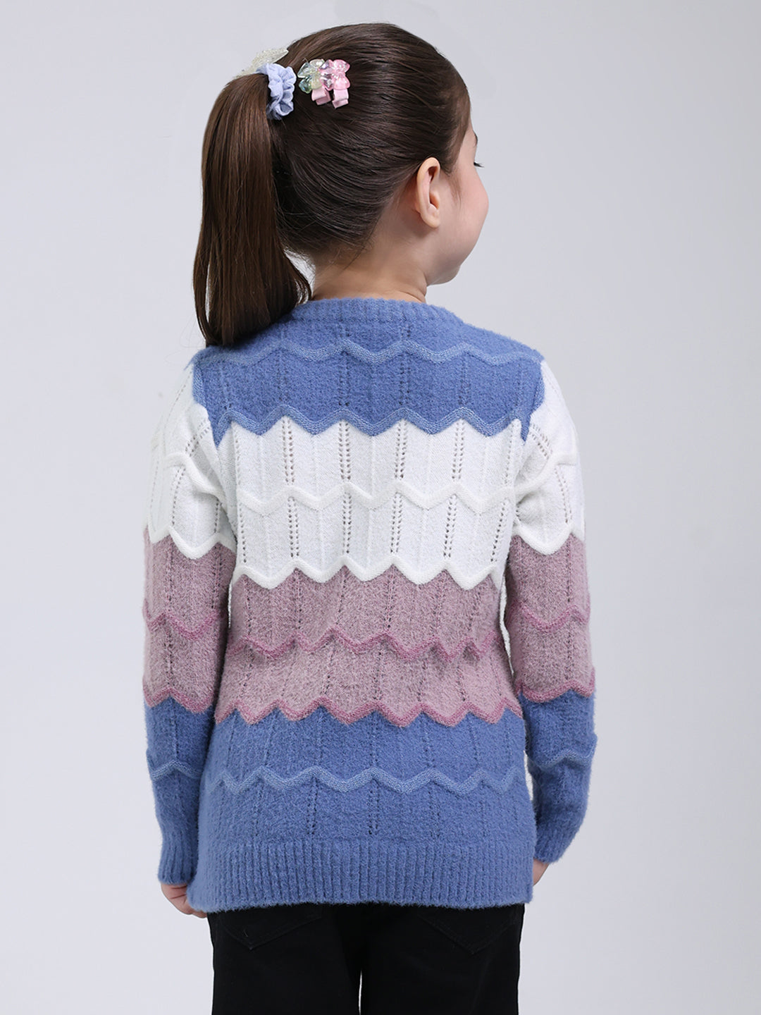 Girls Blue Stripe Round Neck Full Sleeve Pullover