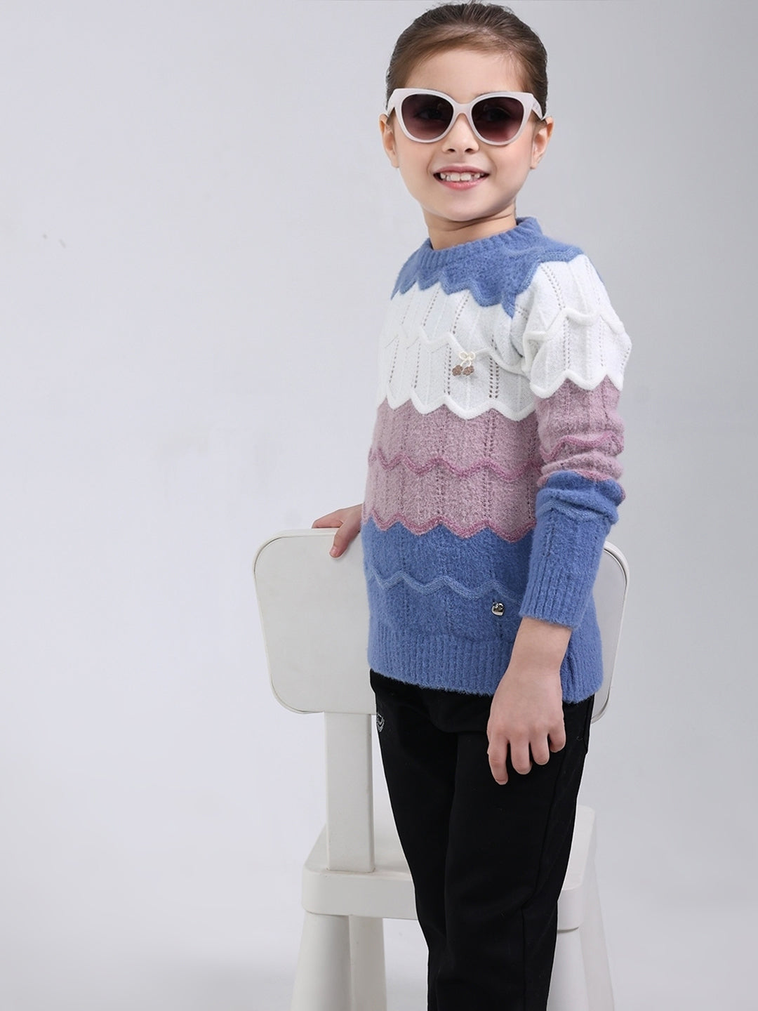 Girls Blue Stripe Round Neck Full Sleeve Pullover