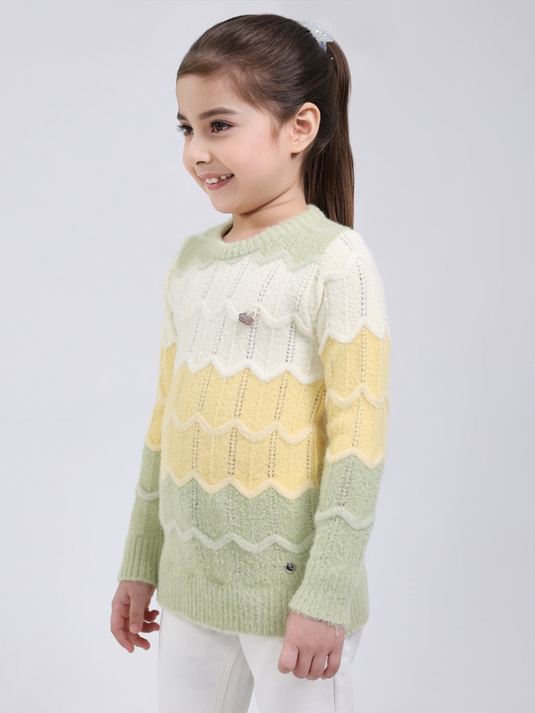 Girls Green Stripe Round Neck Full Sleeve Pullover