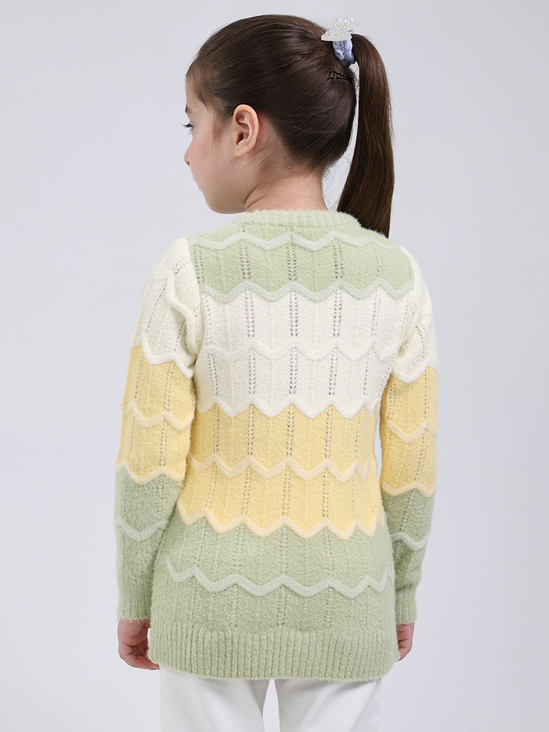 Girls Green Stripe Round Neck Full Sleeve Pullover