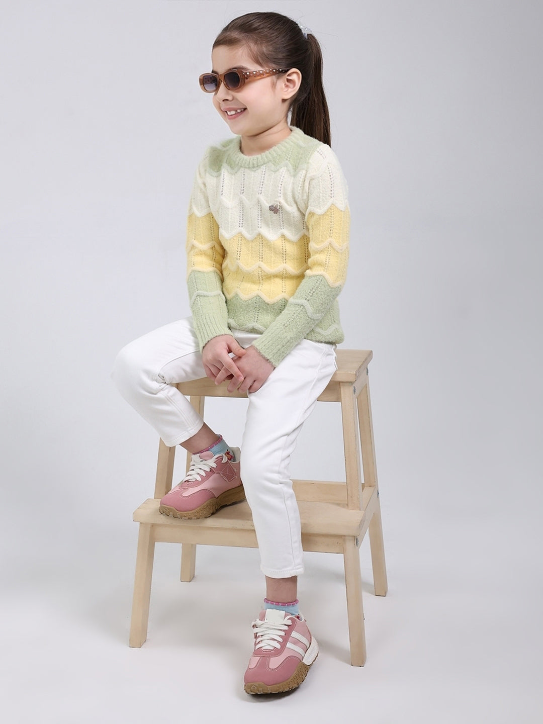 Girls Green Stripe Round Neck Full Sleeve Pullover