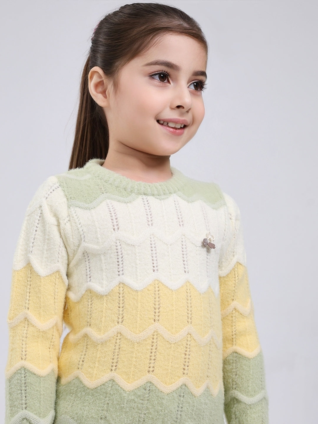 Girls Green Stripe Round Neck Full Sleeve Pullover