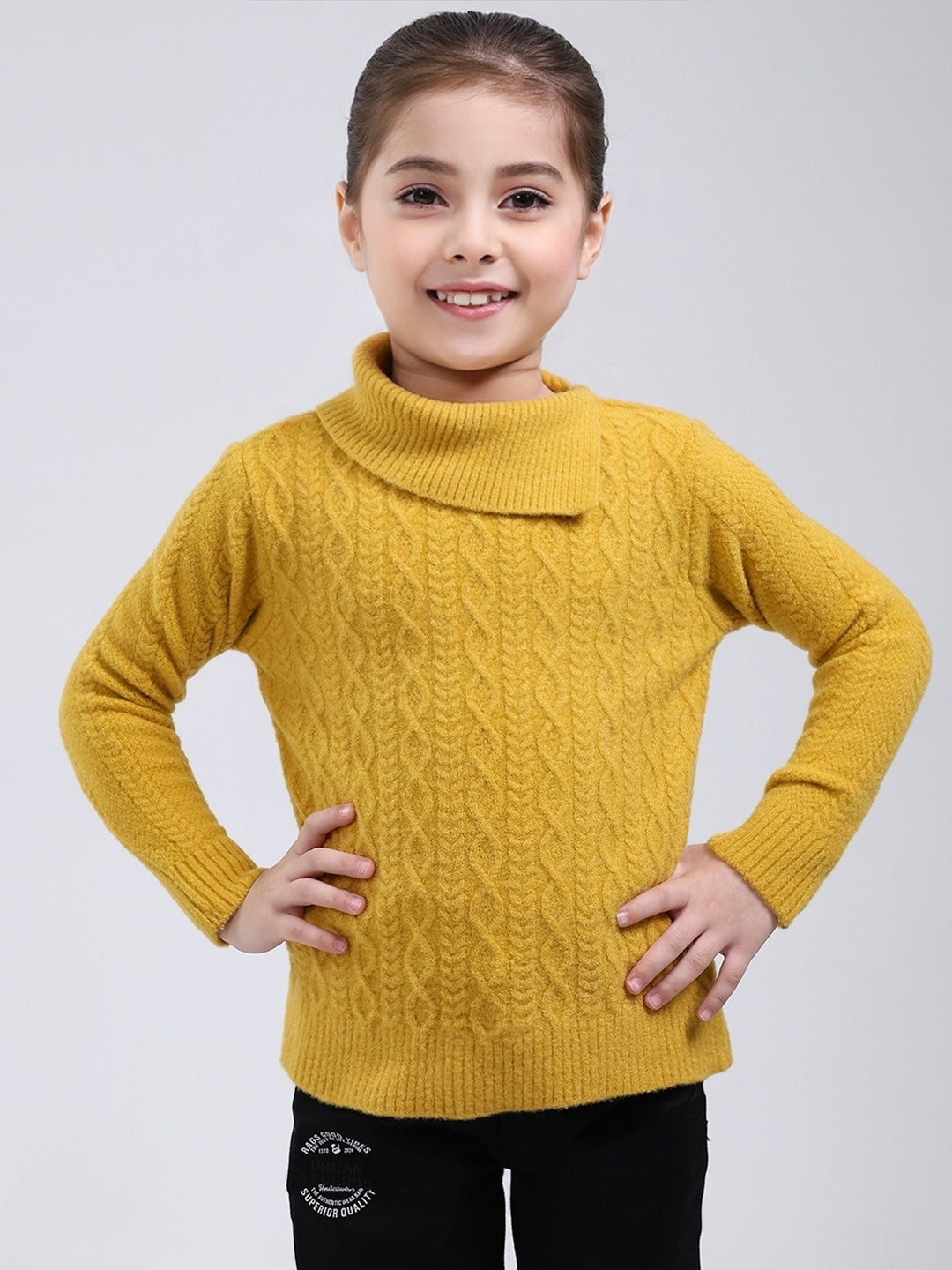 Girls Mustard Self Design Round Neck Full Sleeve Pullover