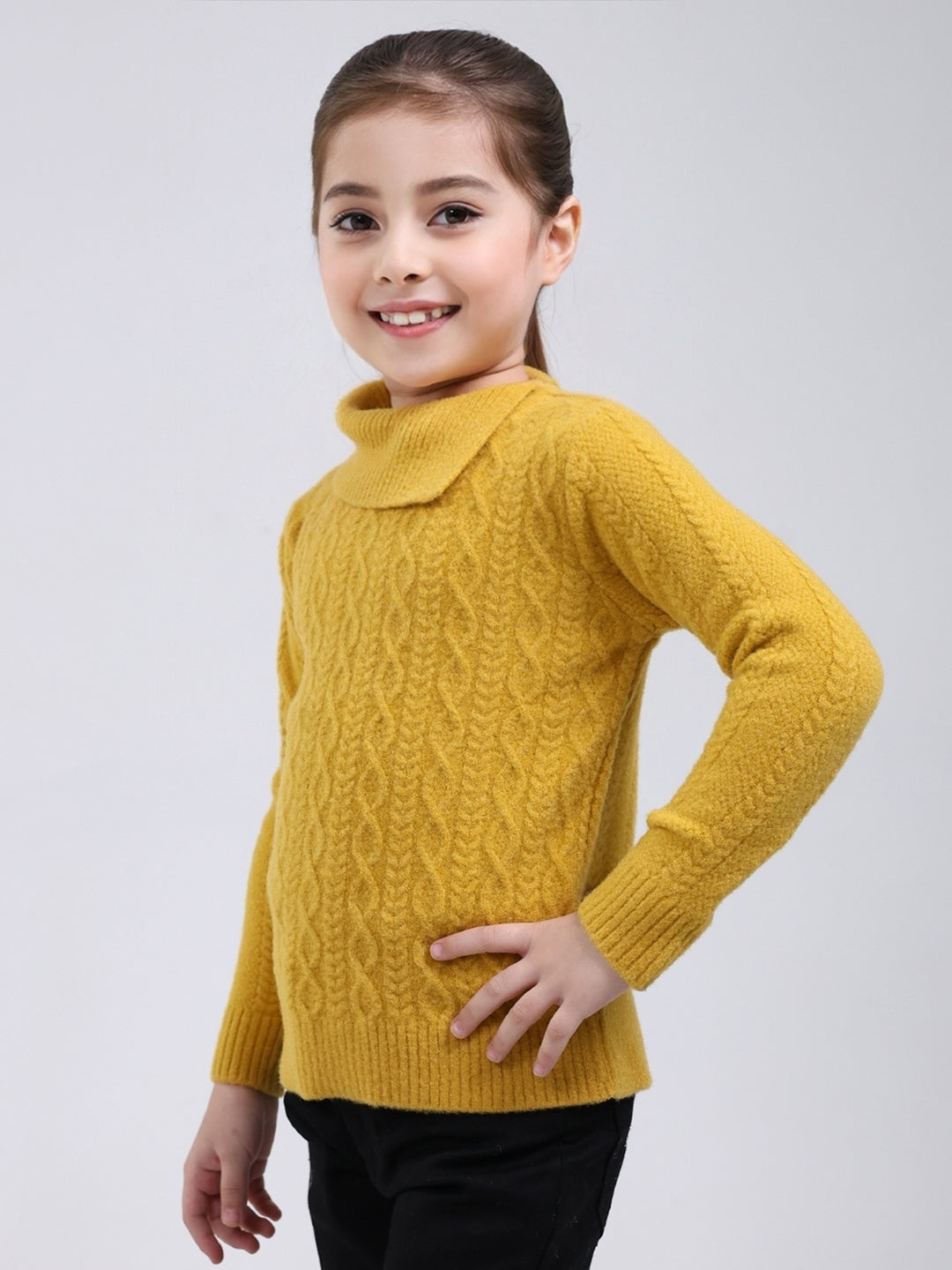 Girls Mustard Self Design Round Neck Full Sleeve Pullover