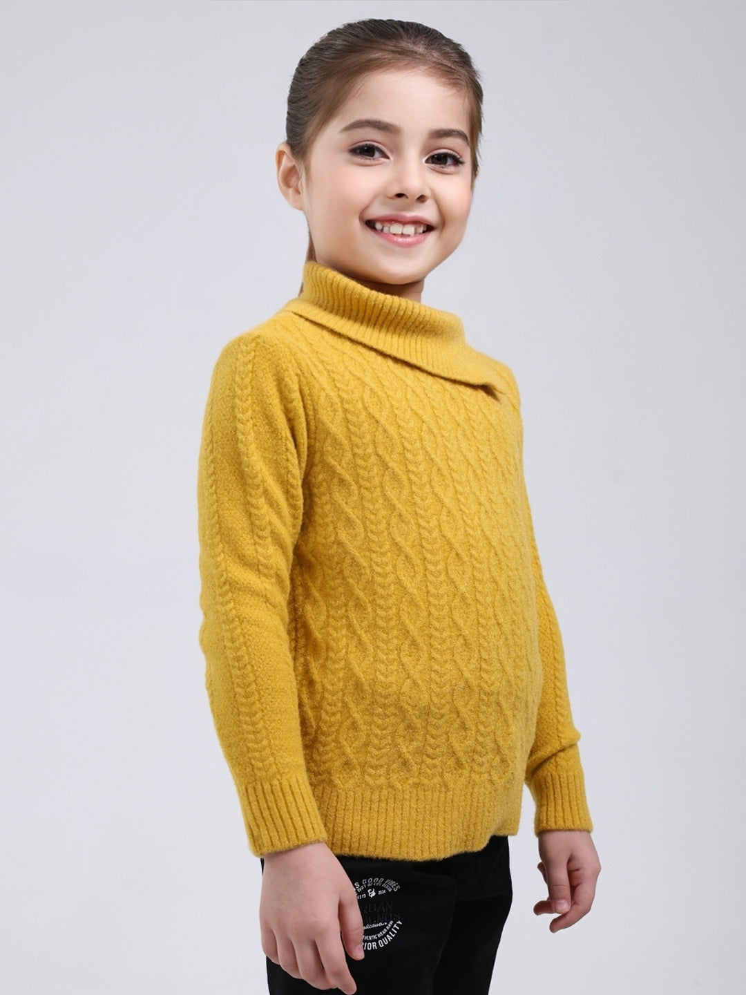 Girls Mustard Self Design Round Neck Full Sleeve Pullover