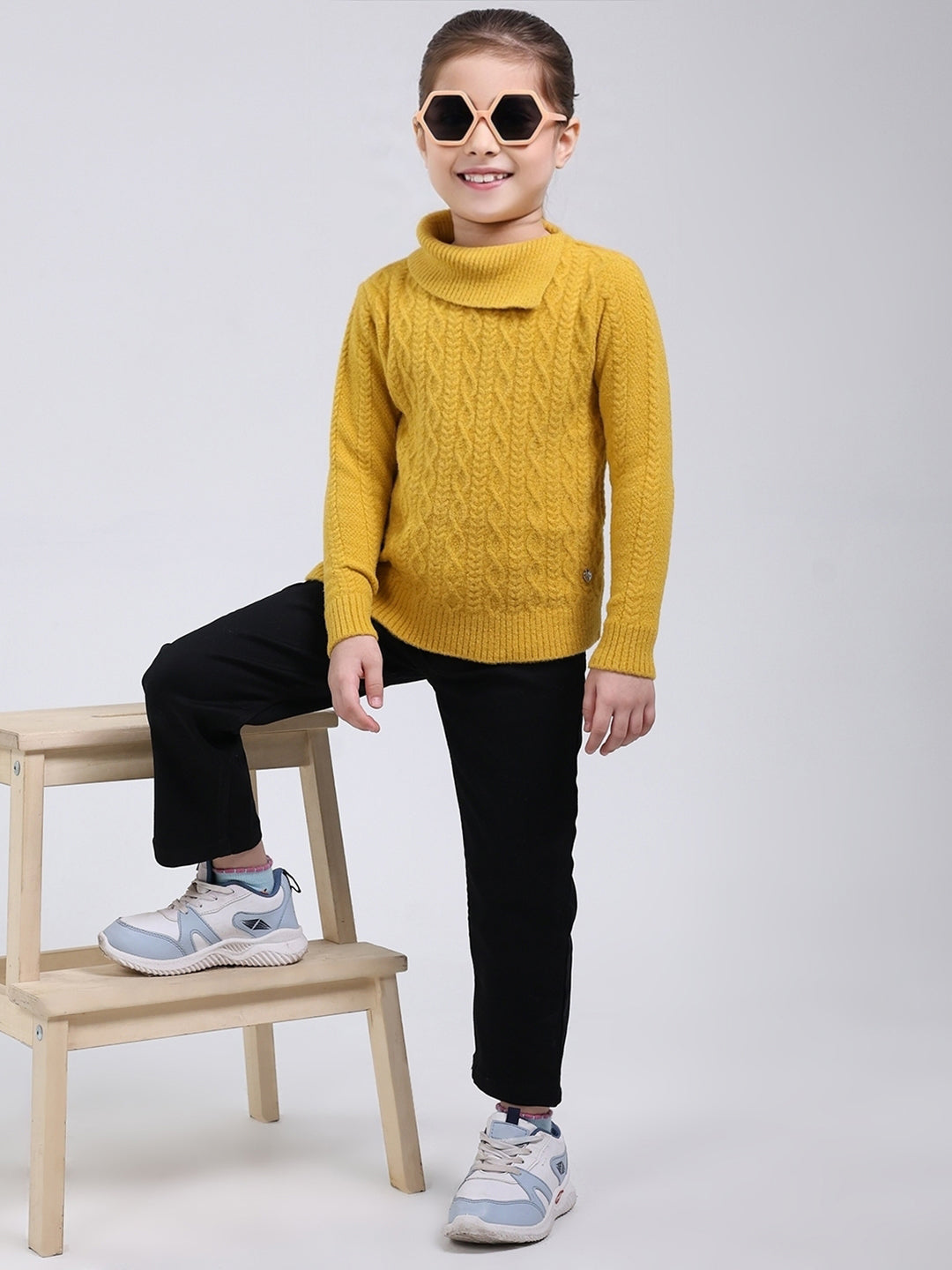 Girls Mustard Self Design Round Neck Full Sleeve Pullover