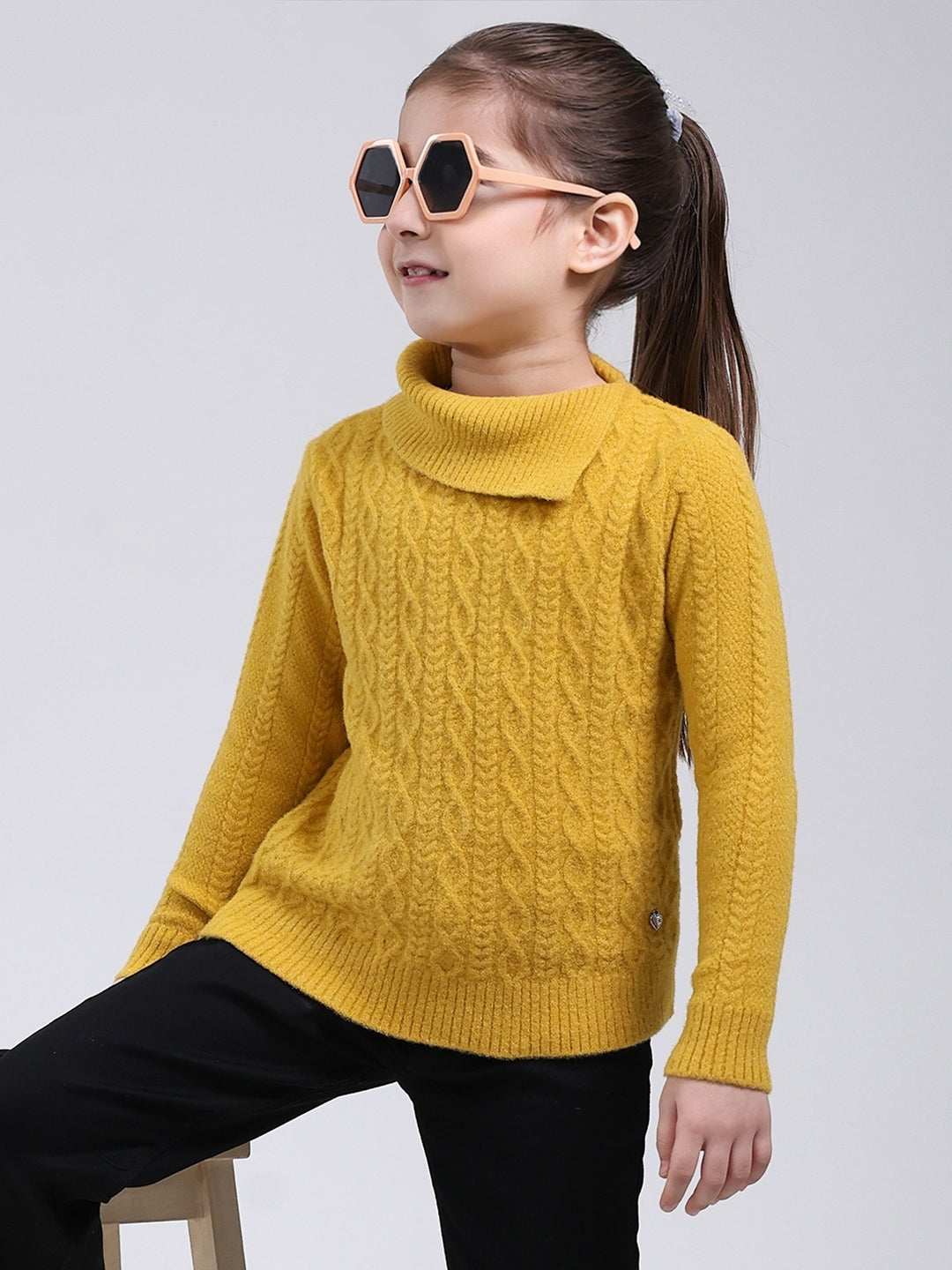 Girls Mustard Self Design Round Neck Full Sleeve Pullover