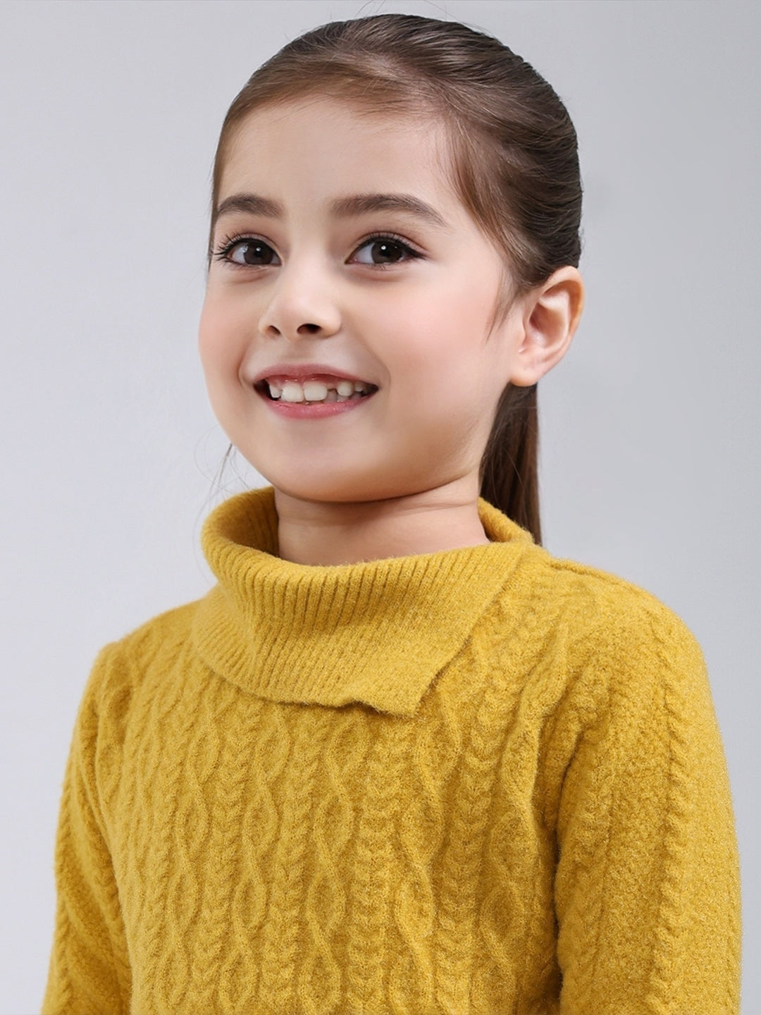 Girls Mustard Self Design Round Neck Full Sleeve Pullover