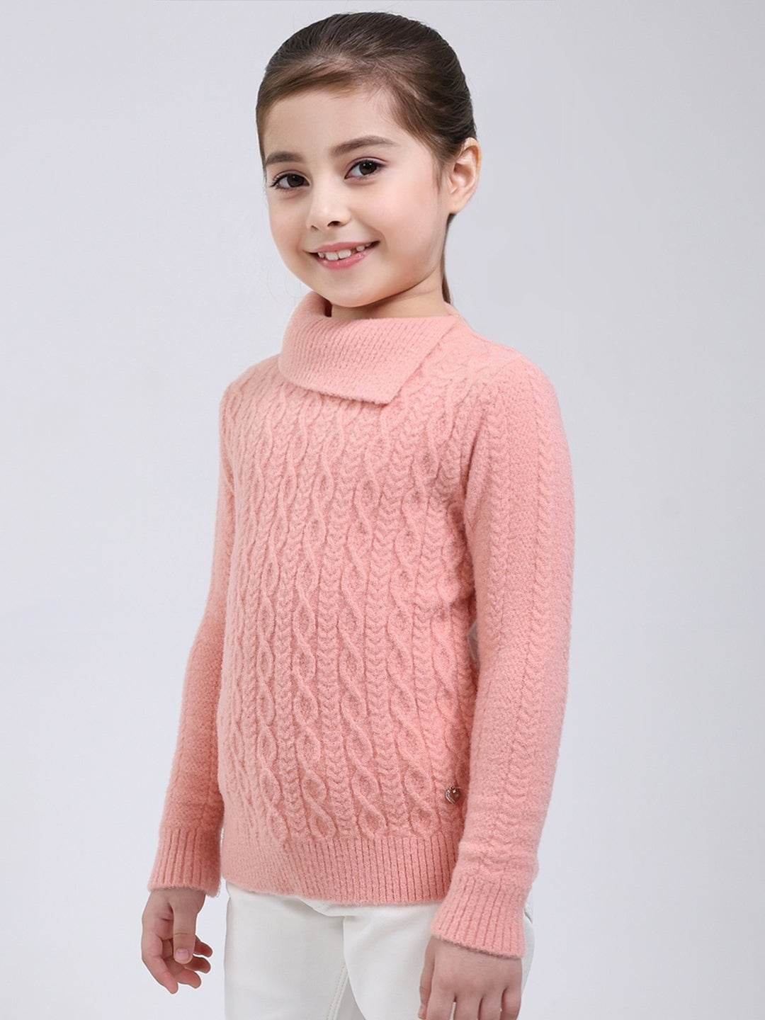 Girls Pink Self Design Round Neck Full Sleeve Pullover