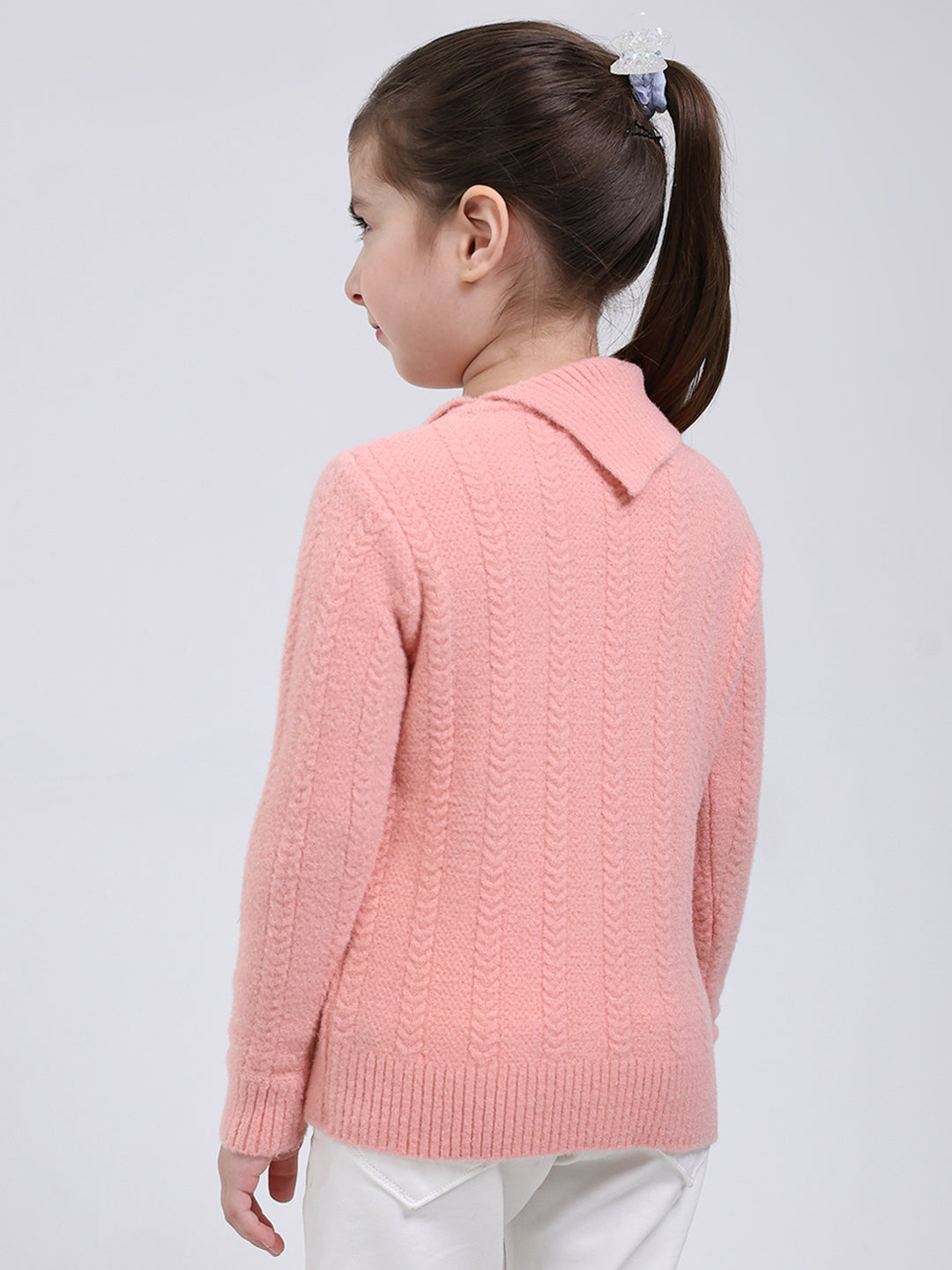 Girls Pink Self Design Round Neck Full Sleeve Pullover