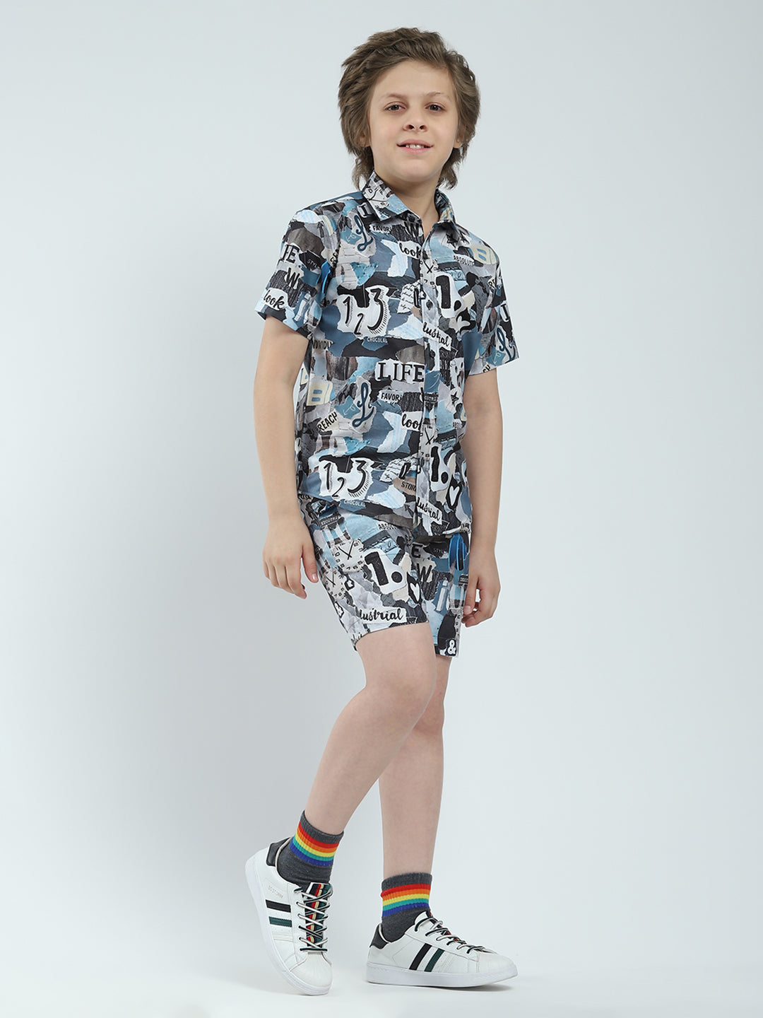 Boys Blue Printed Collar Half Sleeve Bermuda Set