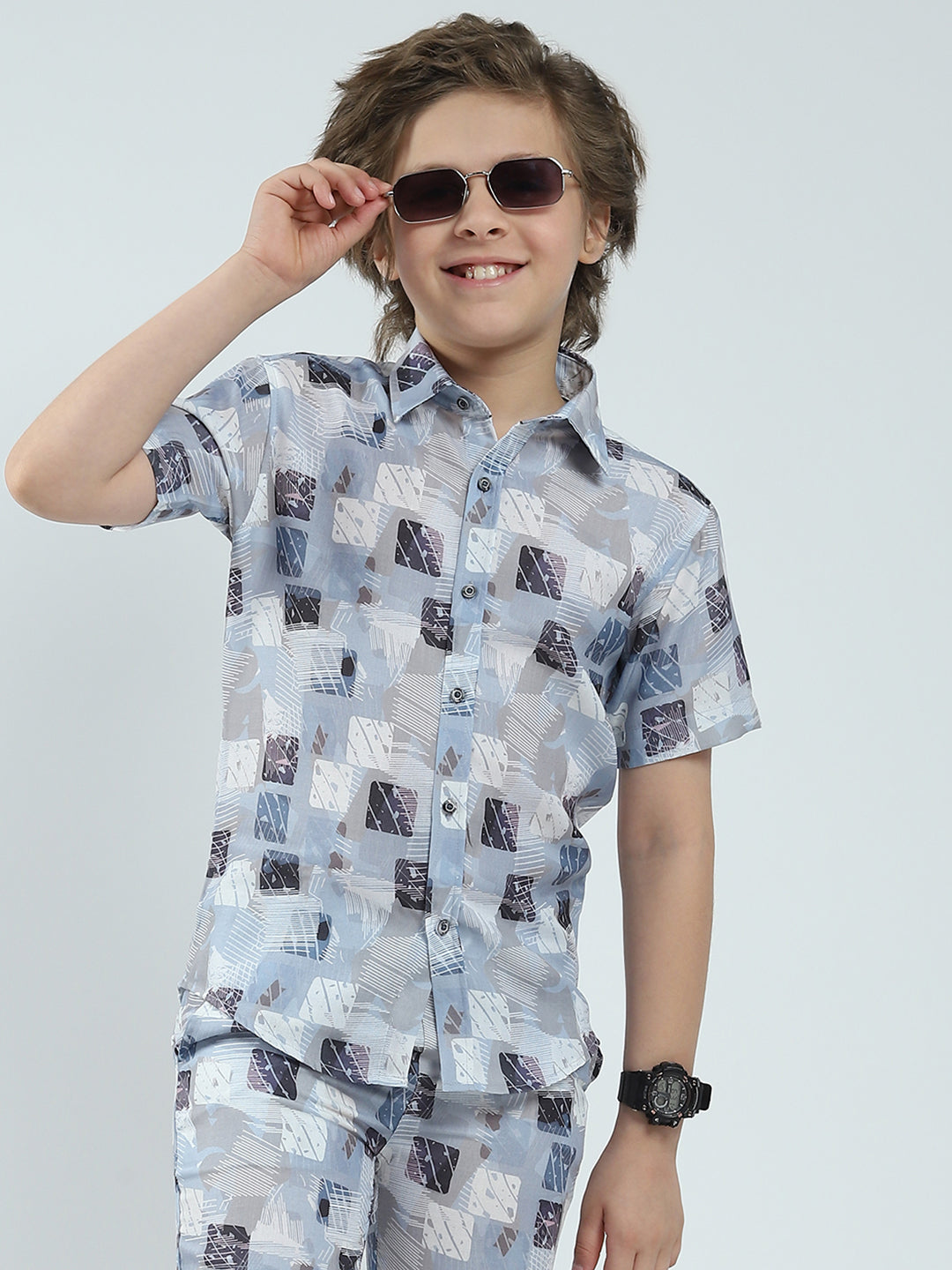Boys Blue Printed Collar Half Sleeve Bermuda Set