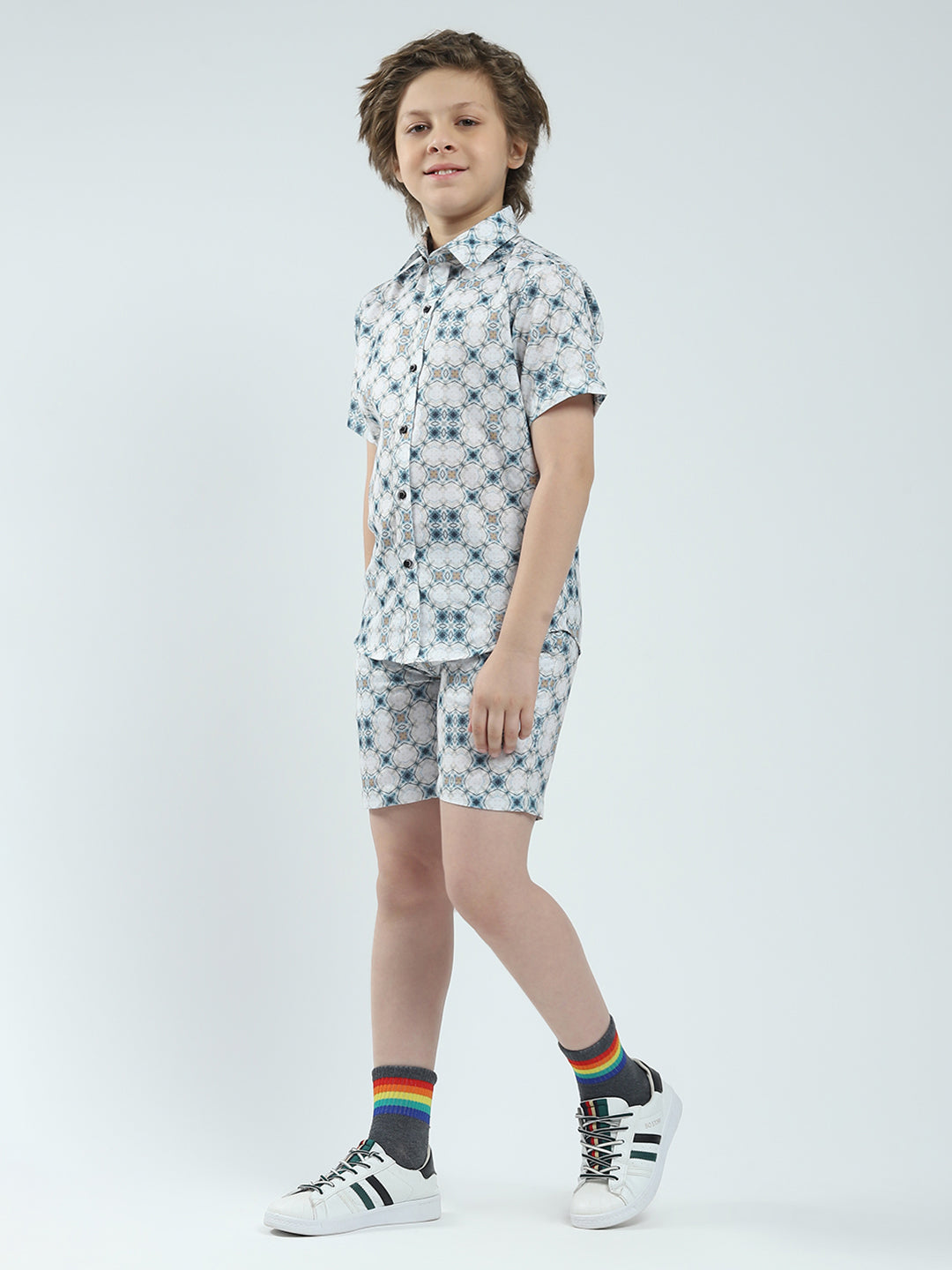 Boys White Printed Collar Half Sleeve Bermuda Set