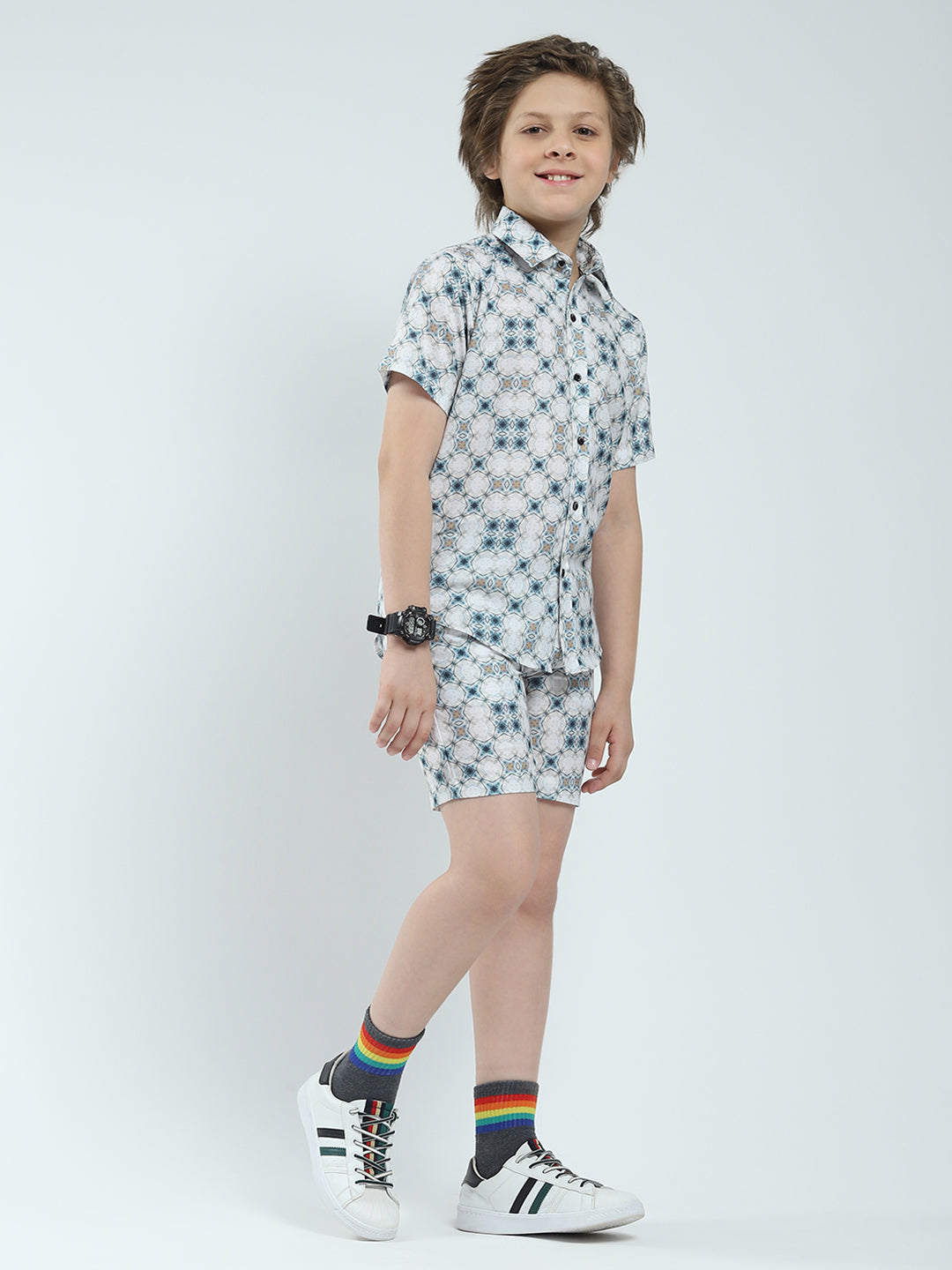 Boys White Printed Collar Half Sleeve Bermuda Set