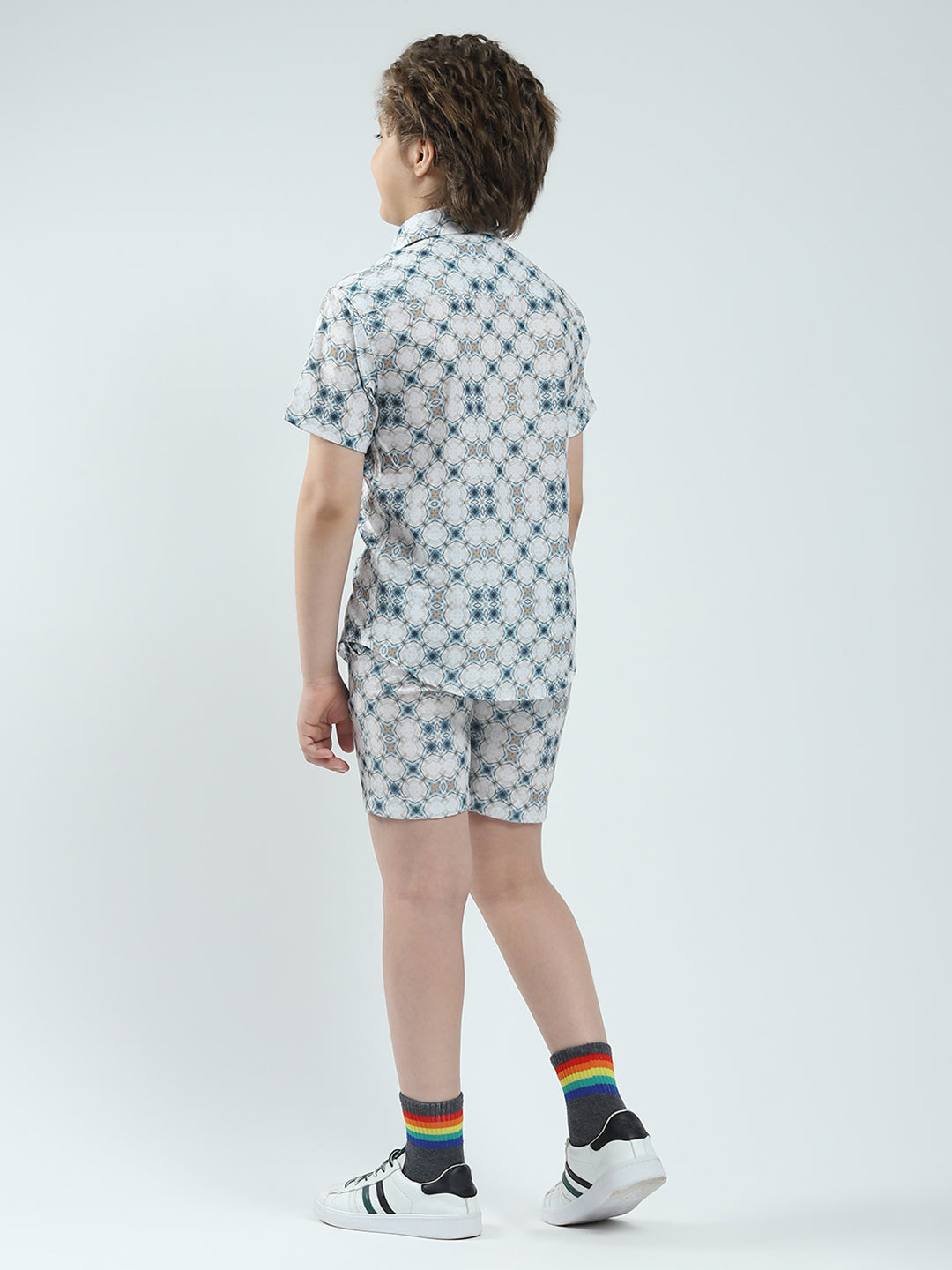 Boys White Printed Collar Half Sleeve Bermuda Set