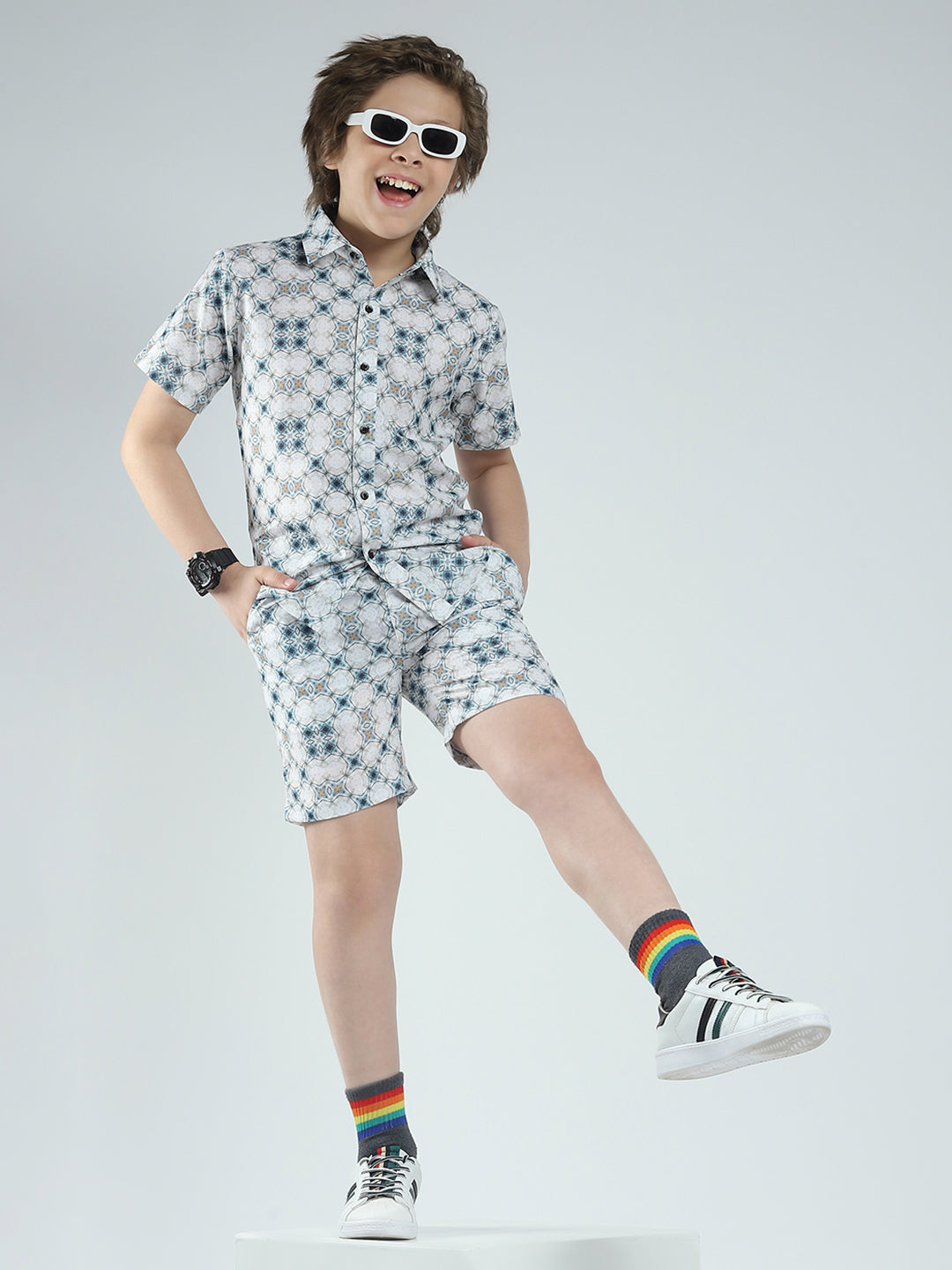 Boys White Printed Collar Half Sleeve Bermuda Set