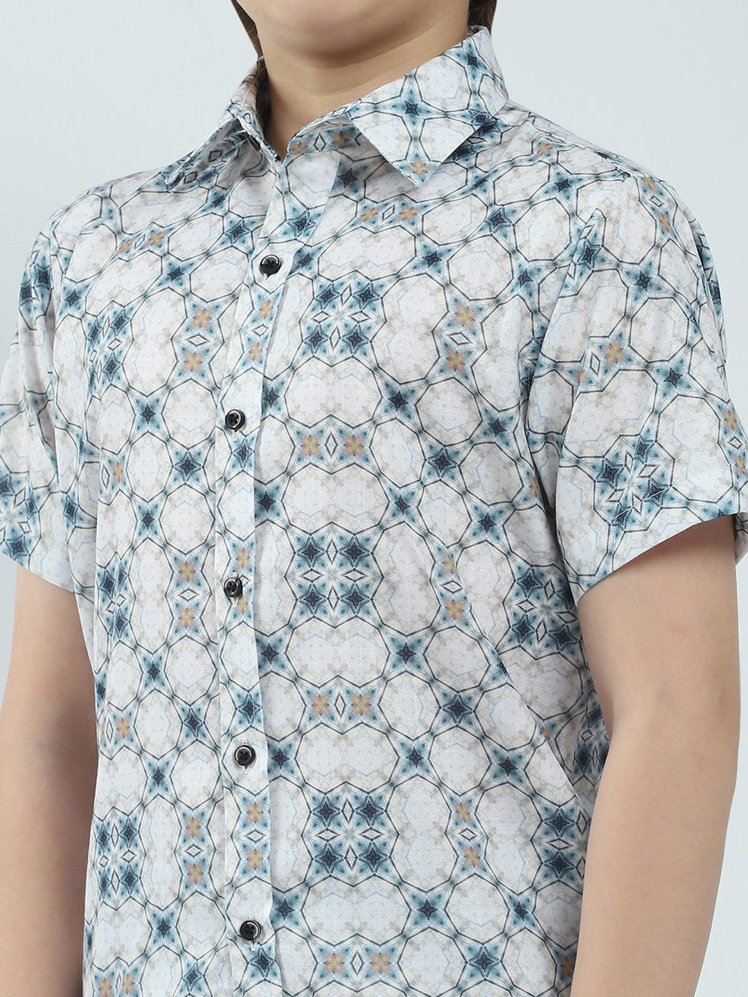 Boys White Printed Collar Half Sleeve Bermuda Set