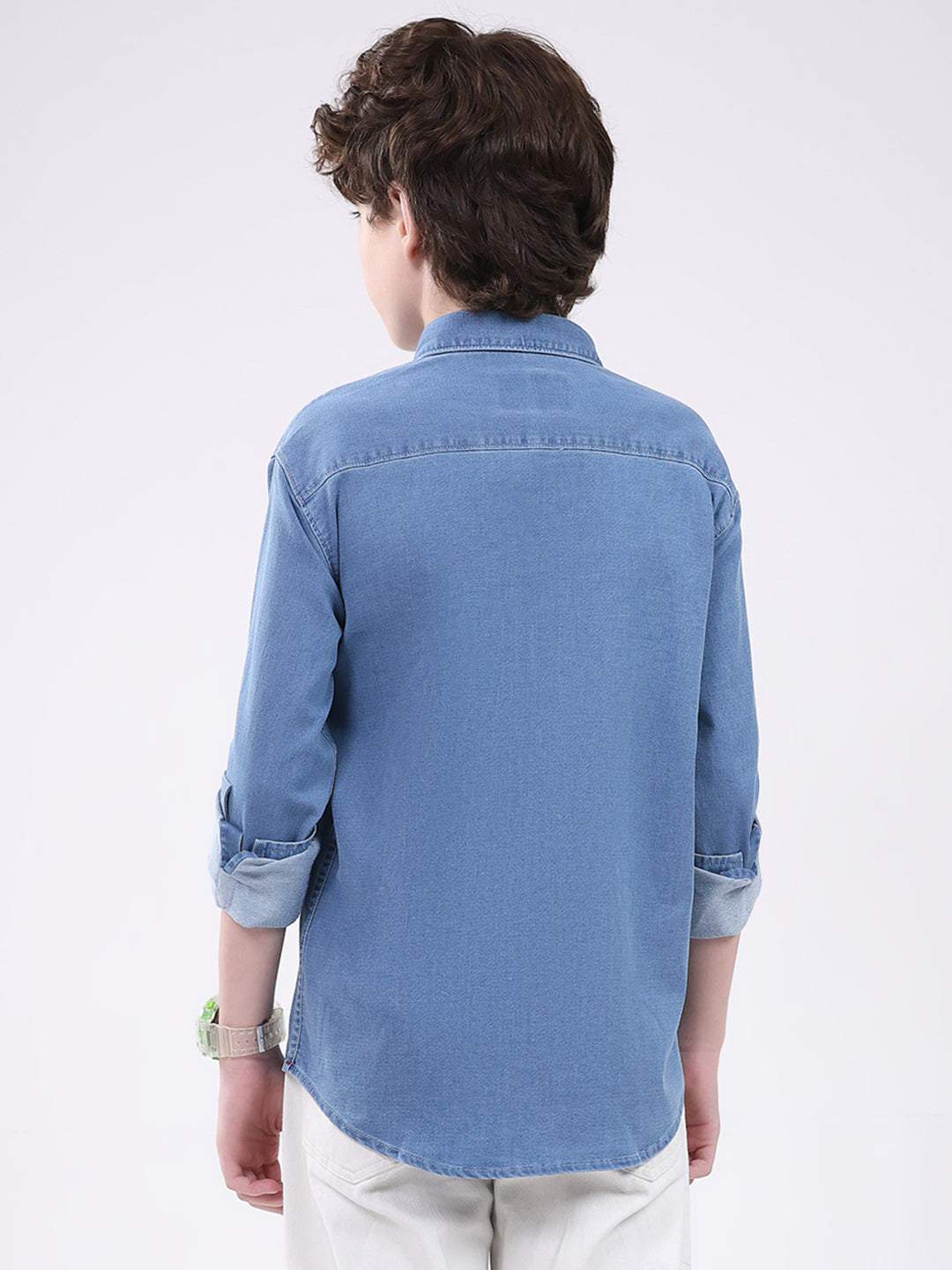 Boys Blue Solid Collar Full Sleeve Shirt