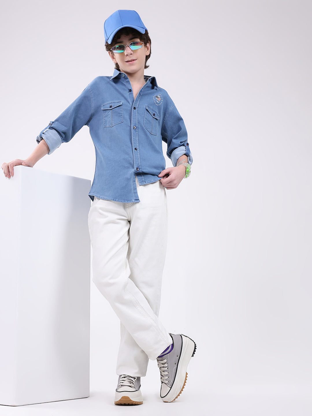 Boys Blue Solid Collar Full Sleeve Shirt