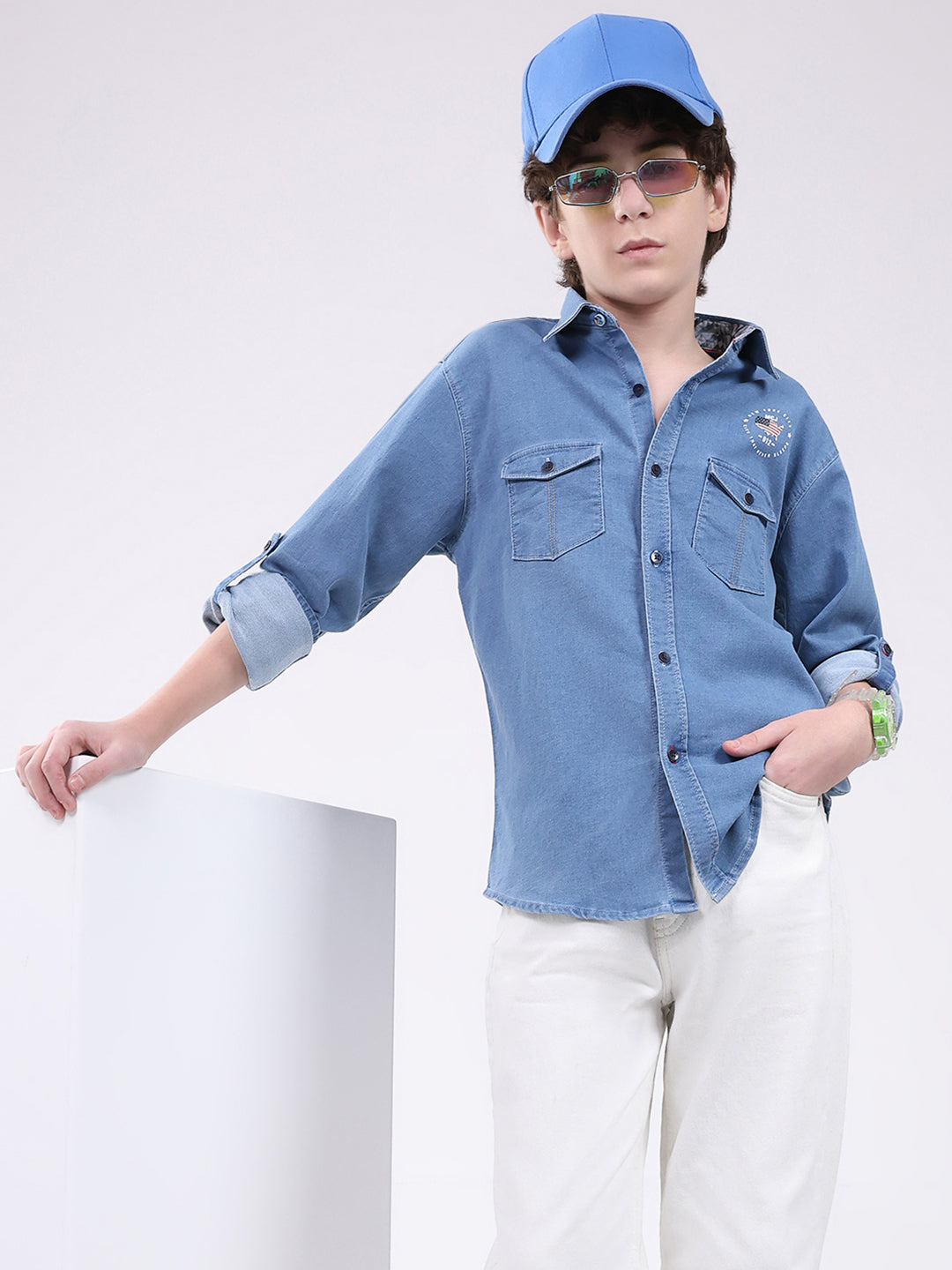Boys Blue Solid Collar Full Sleeve Shirt