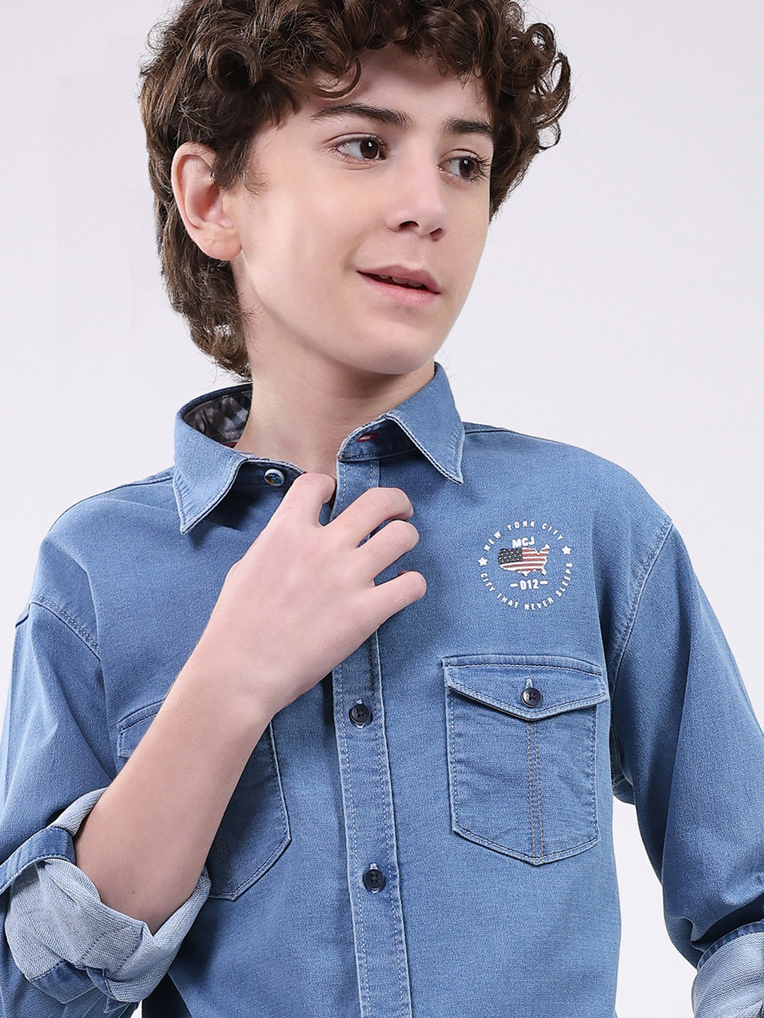 Boys Blue Solid Collar Full Sleeve Shirt