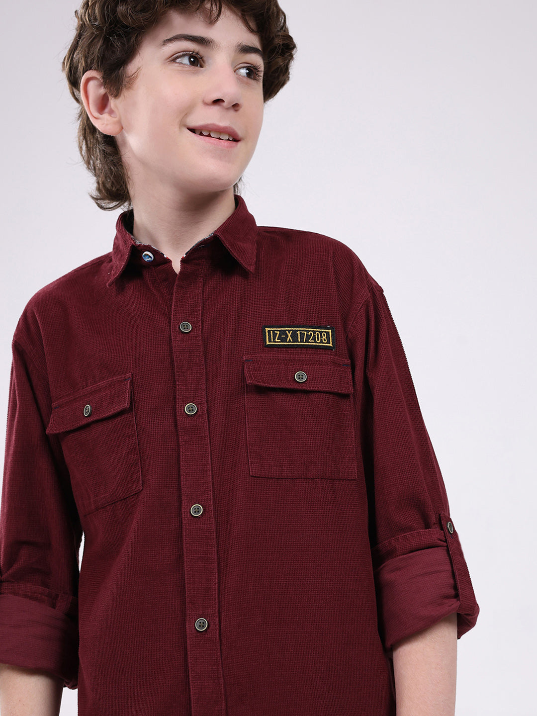 Boys Maroon Solid Collar Full Sleeve Shirt