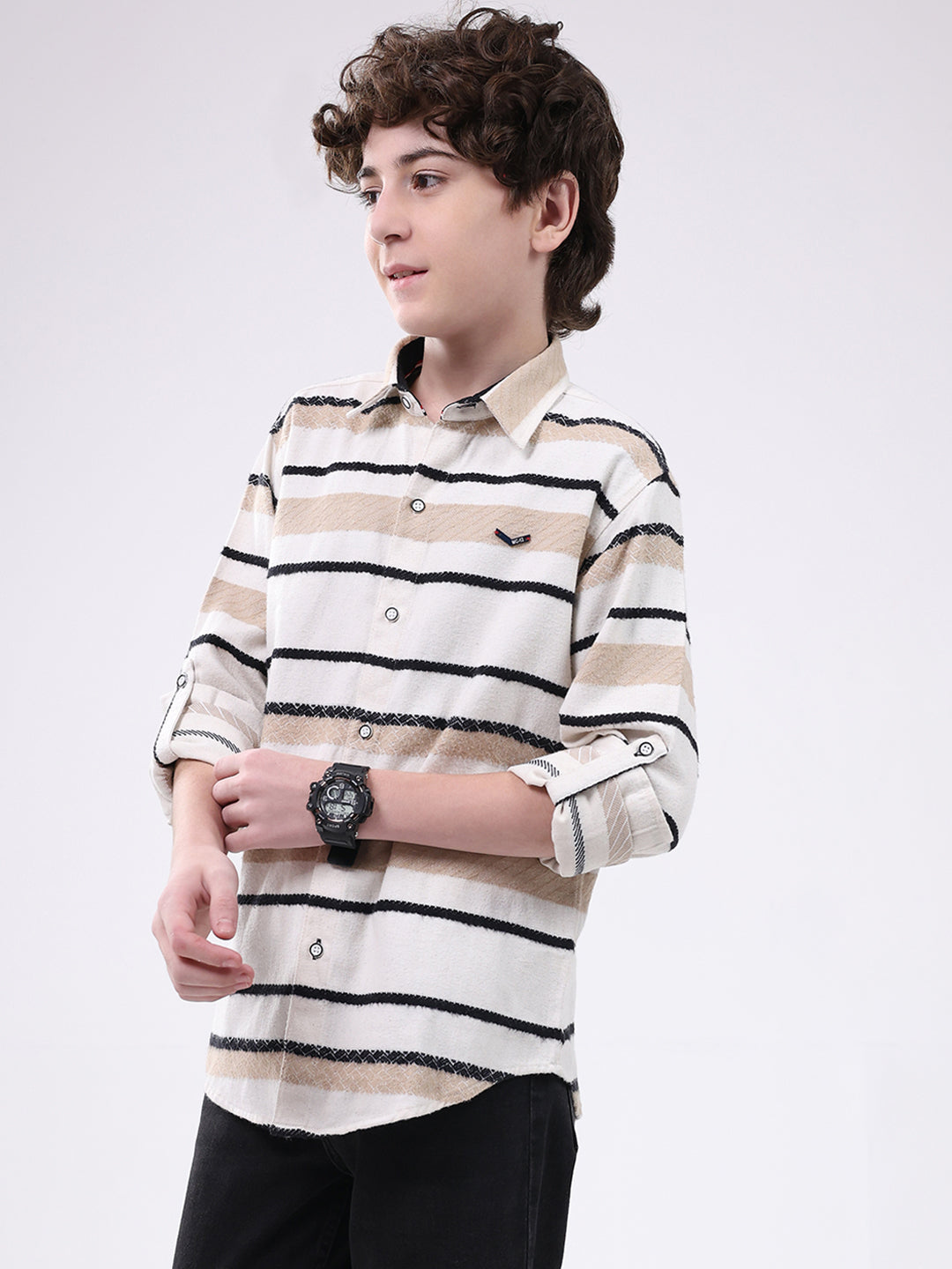 Boys White Stripe Collar Full Sleeve Shirt