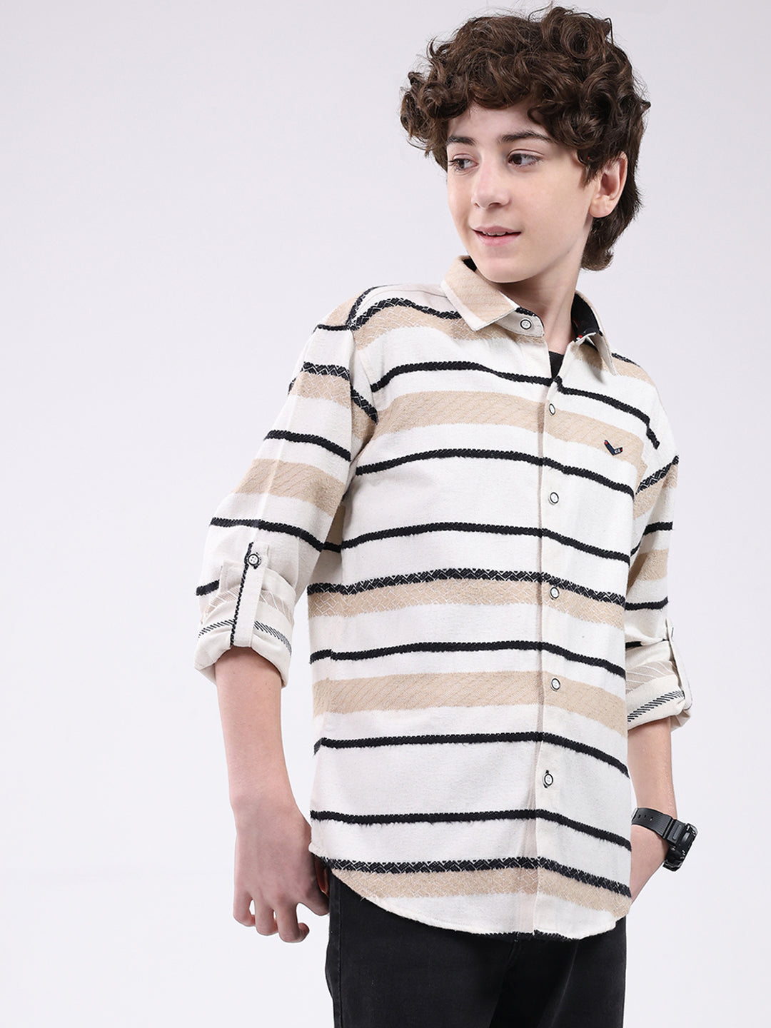 Boys White Stripe Collar Full Sleeve Shirt