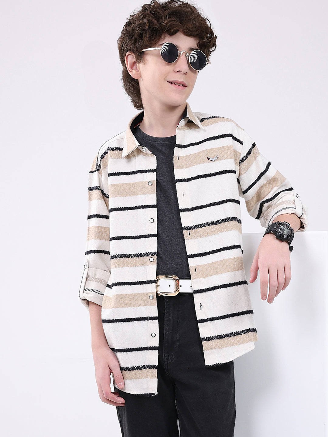 Boys White Stripe Collar Full Sleeve Shirt