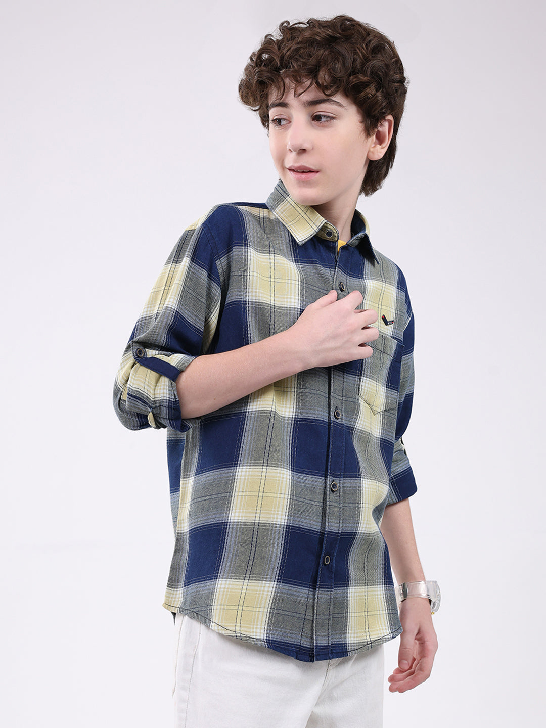 Boys Navy Blue Check Collar Full Sleeve Shirt