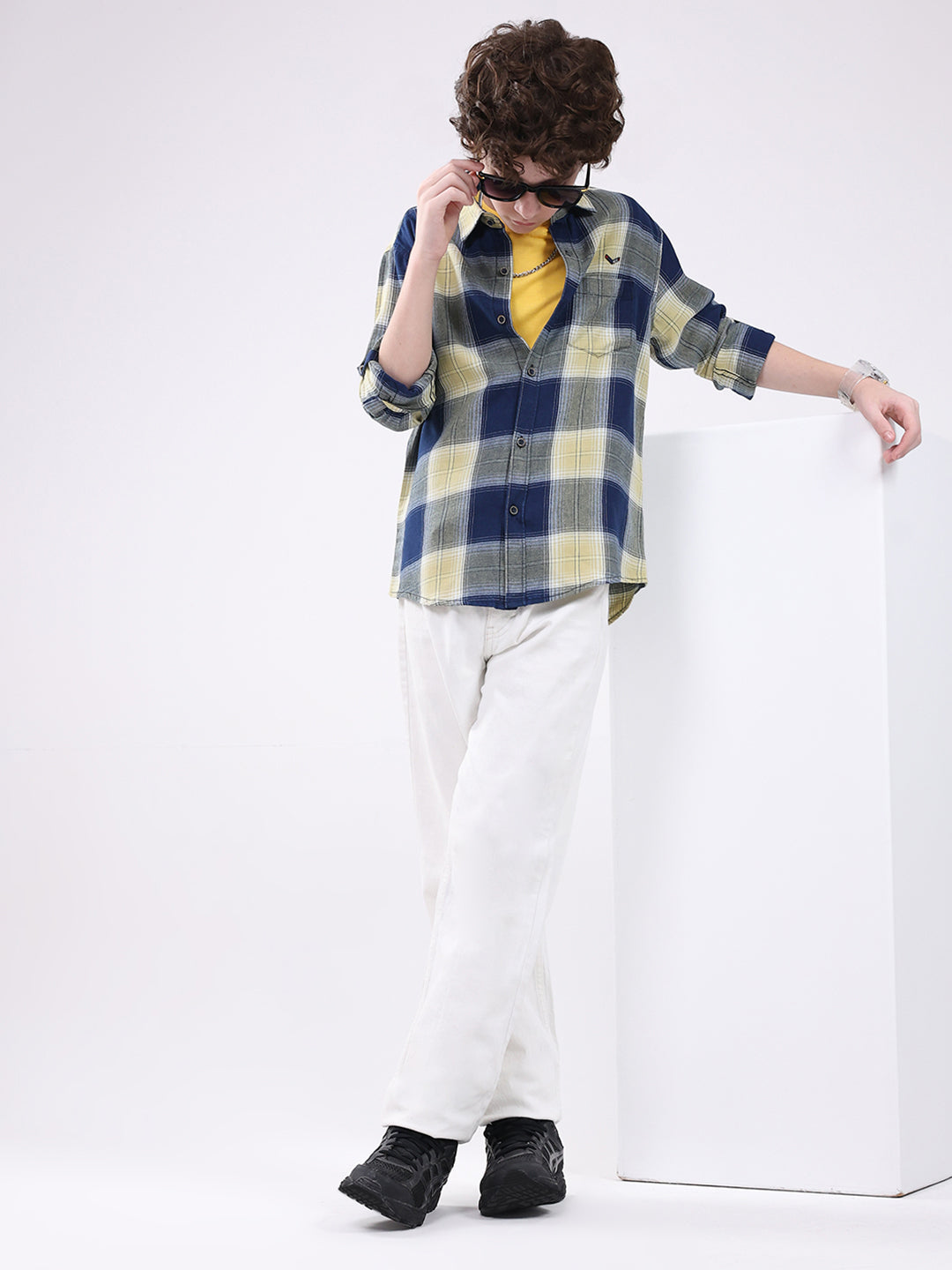 Boys Navy Blue Check Collar Full Sleeve Shirt