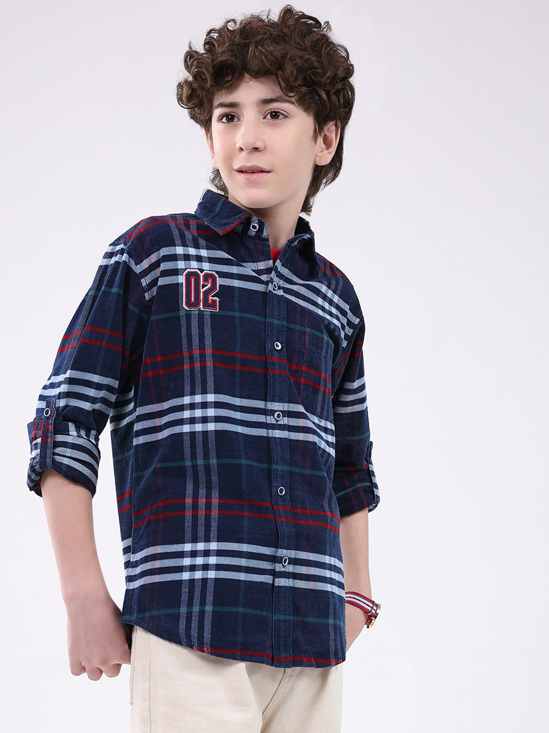 Boys Navy Blue Check Collar Full Sleeve Shirt