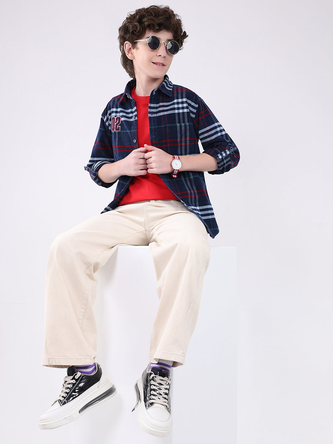 Boys Navy Blue Check Collar Full Sleeve Shirt