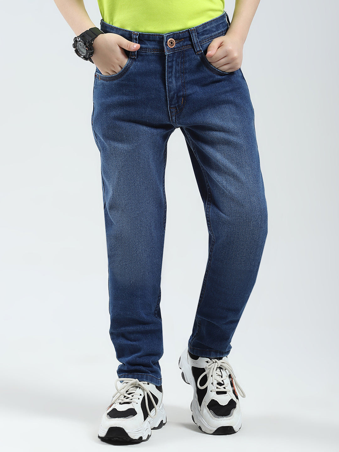Boys Blue Solid Slim Fit Denim