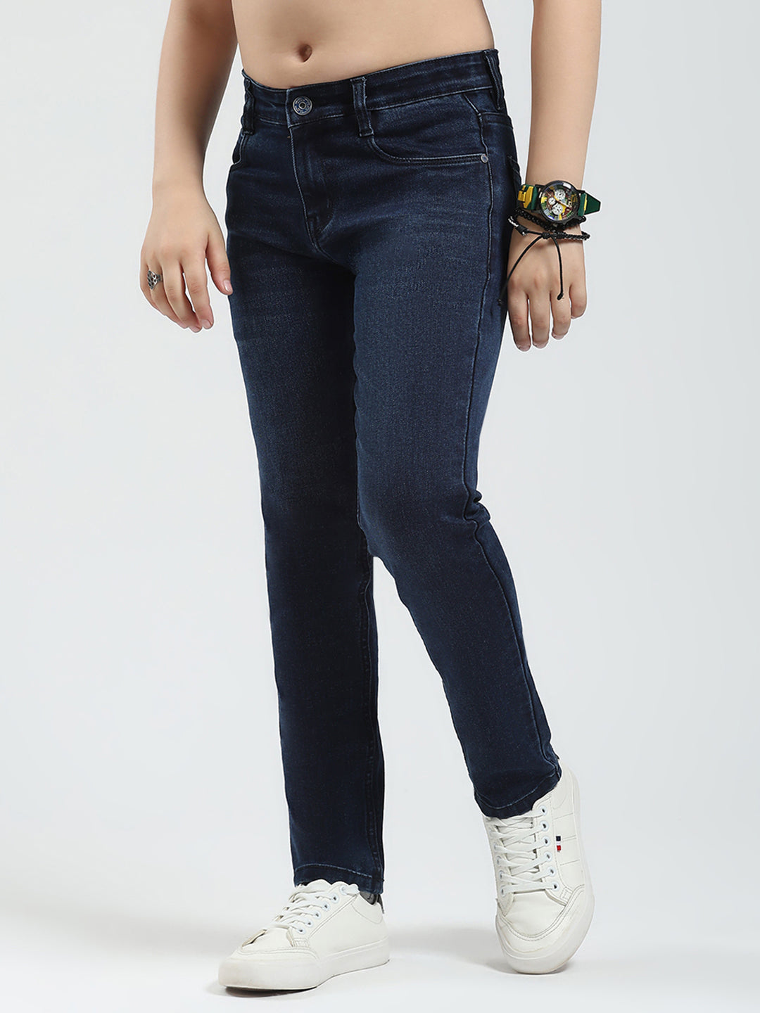 Boys Blue Solid Slim Fit Denim