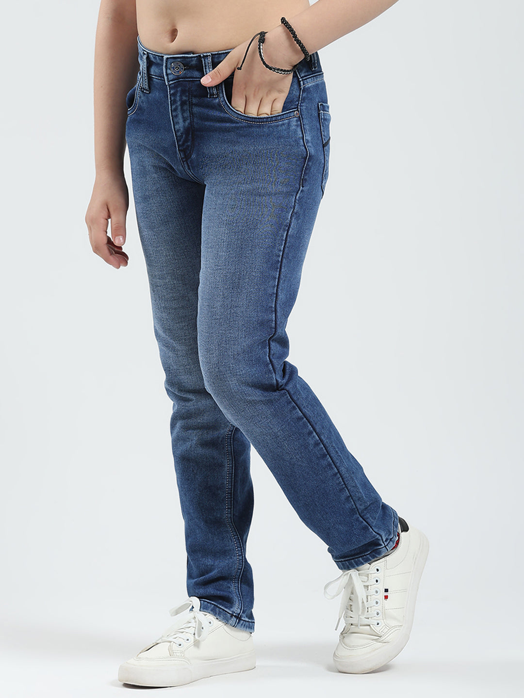 Boys Blue Solid Slim Fit Denim