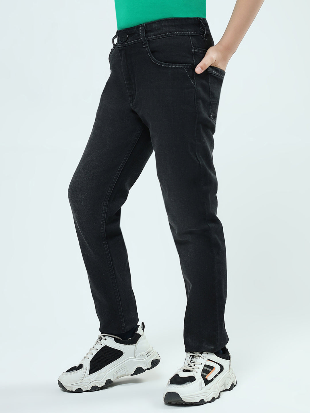 Boys Black Solid Slim Fit Denim