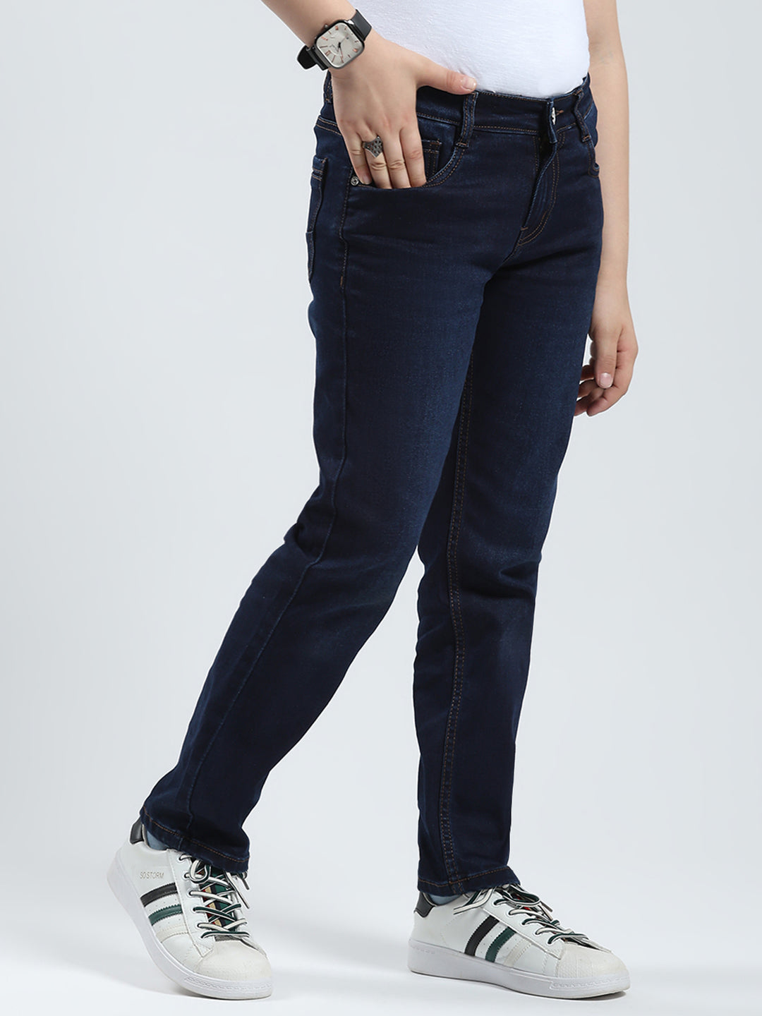 Boys Blue Solid Slim Fit Denim