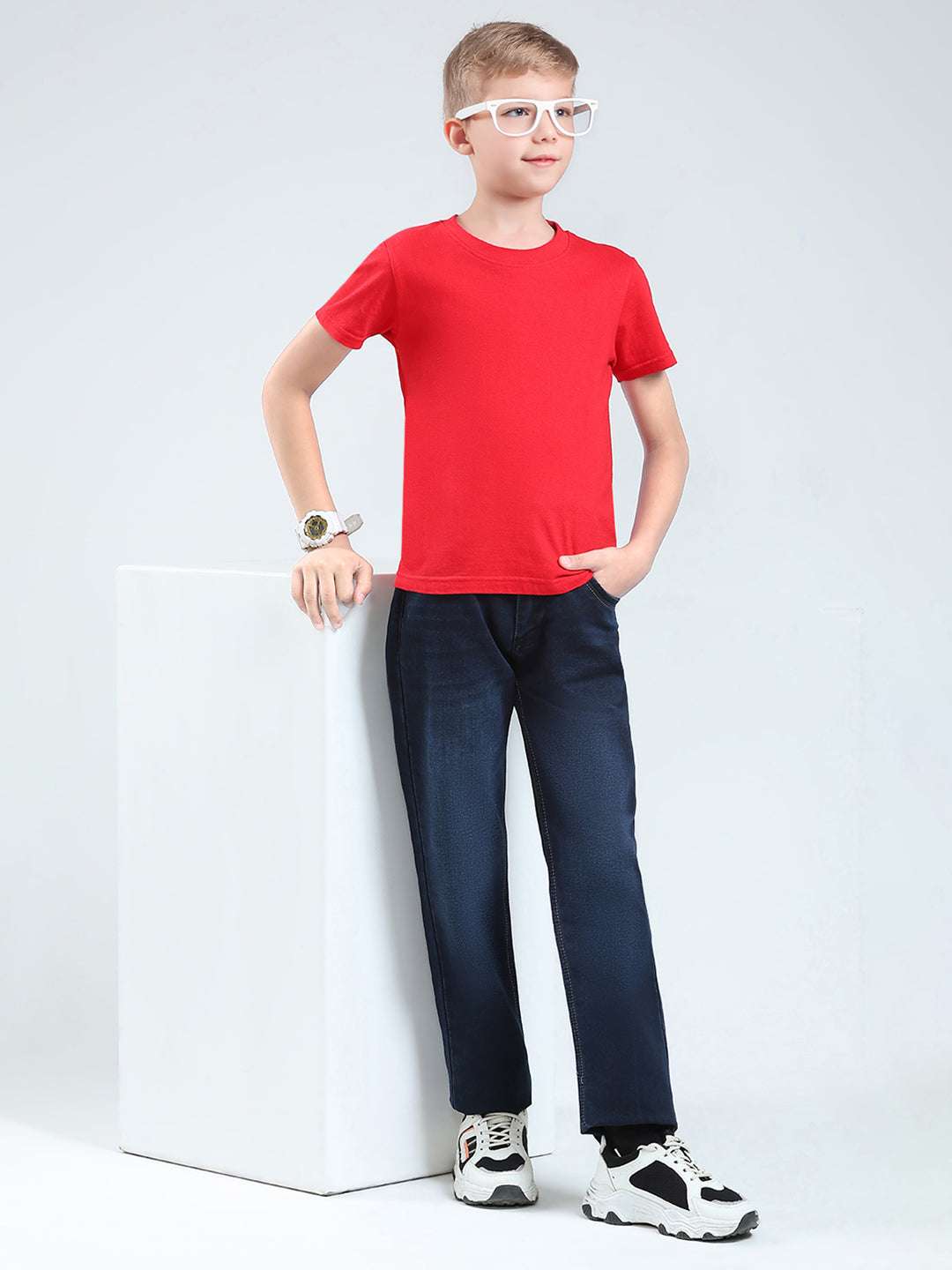 Boys Blue Solid Straight Fit Denim