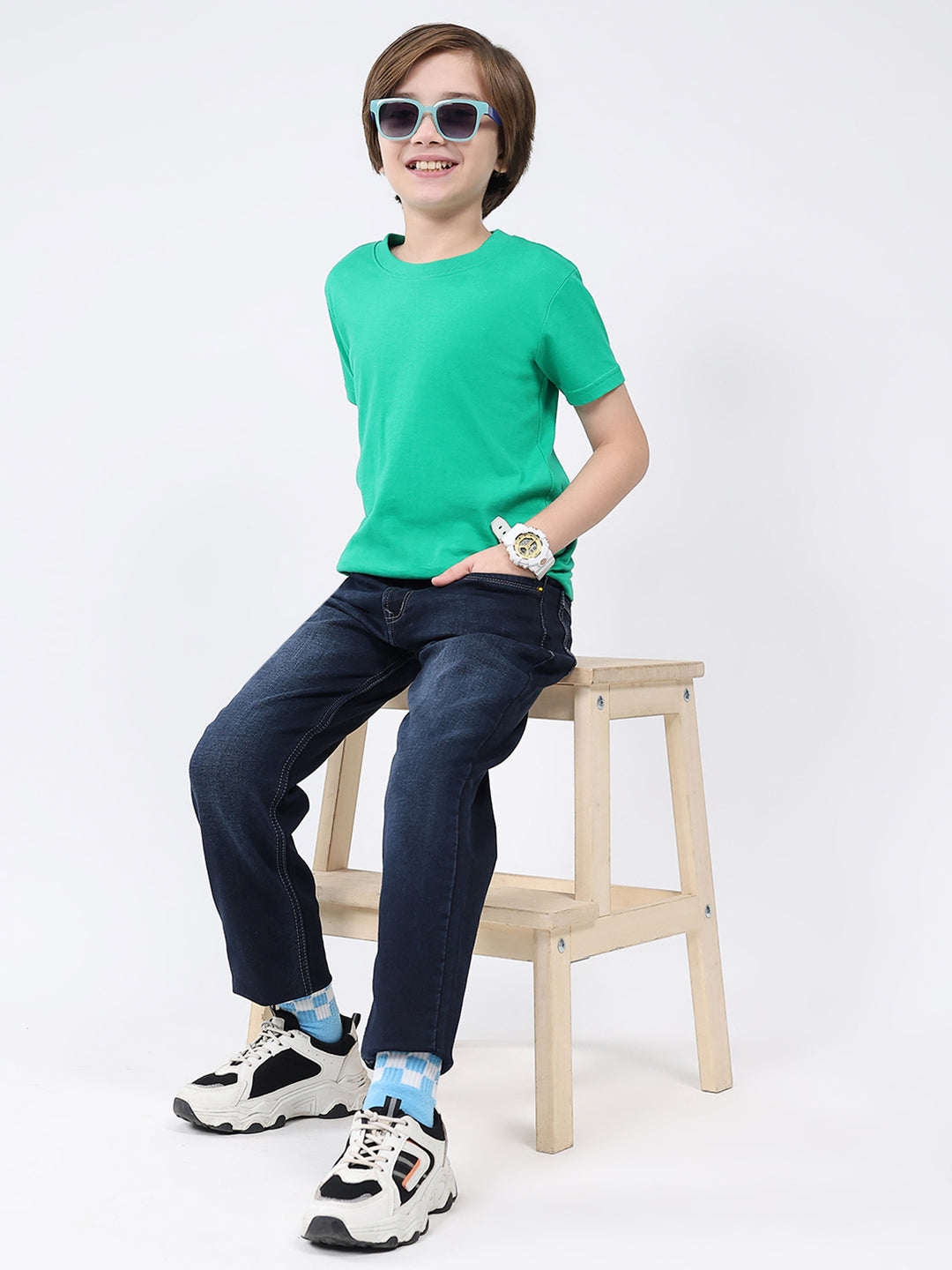 Boys Blue Solid Slim Fit Denim