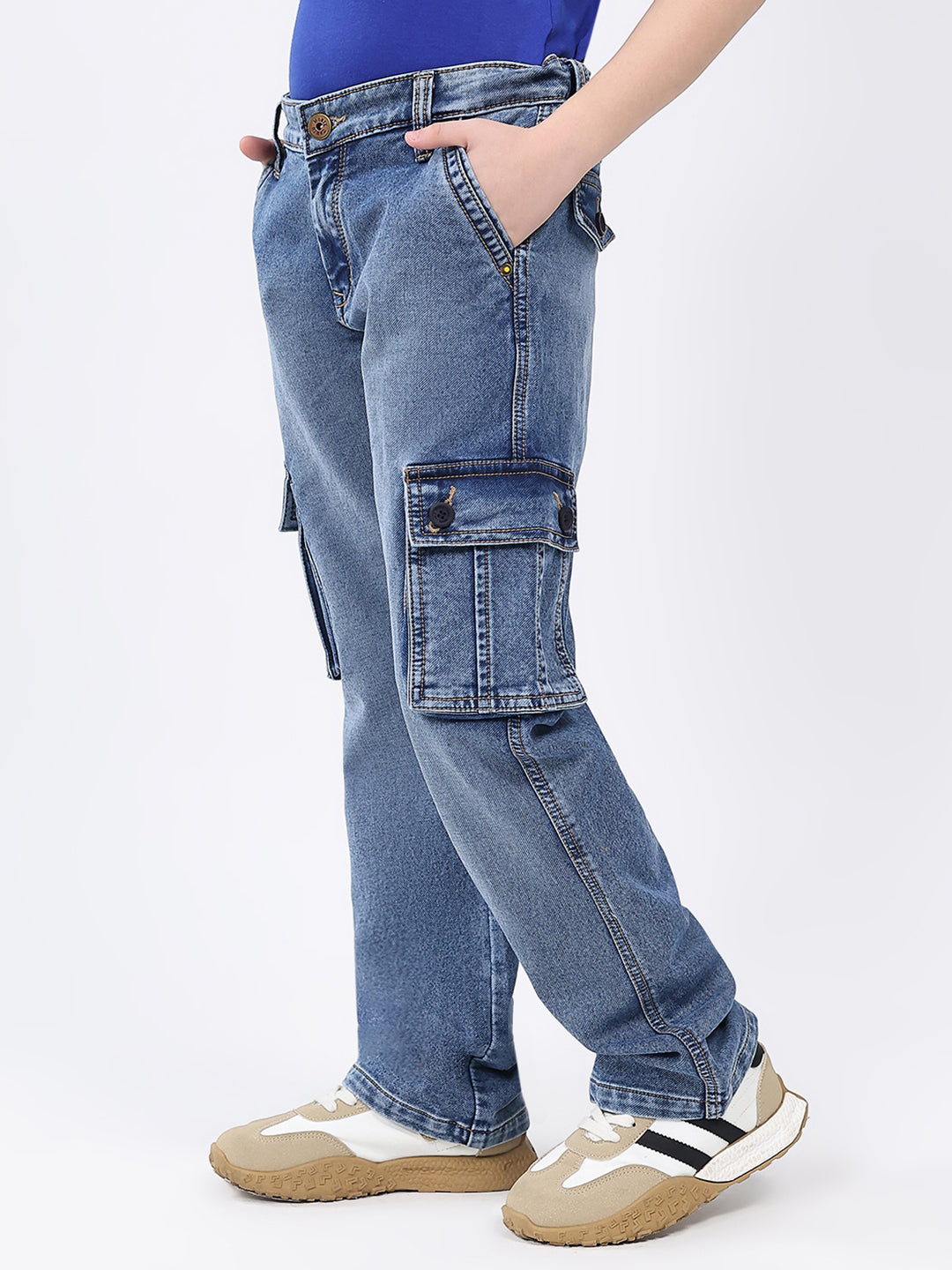 Boys Blue Solid Straight Fit Cargo