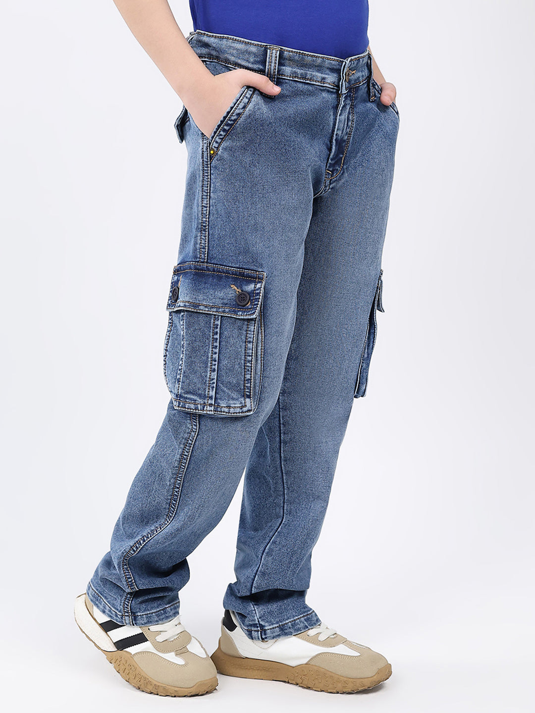 Boys Blue Solid Straight Fit Cargo