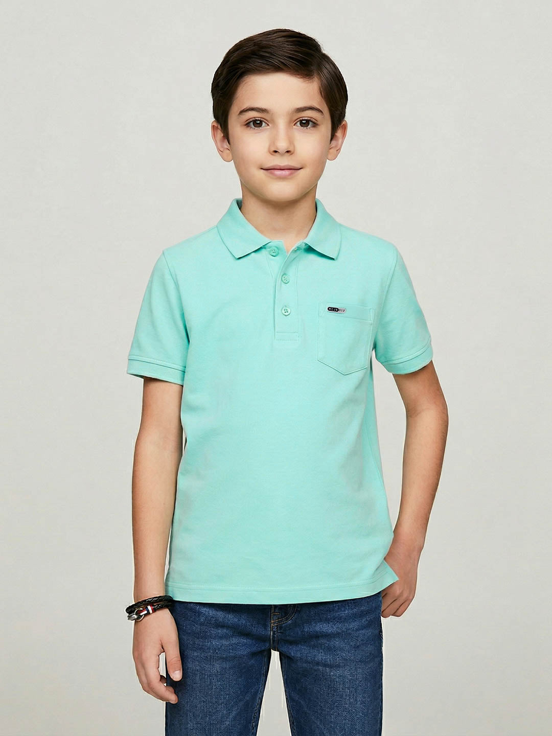 Boys Sky Blue Printed Collar Half Sleeve T-Shirt