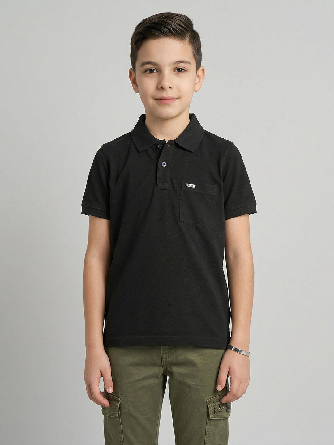 Boys Black Printed Collar Half Sleeve T-Shirt
