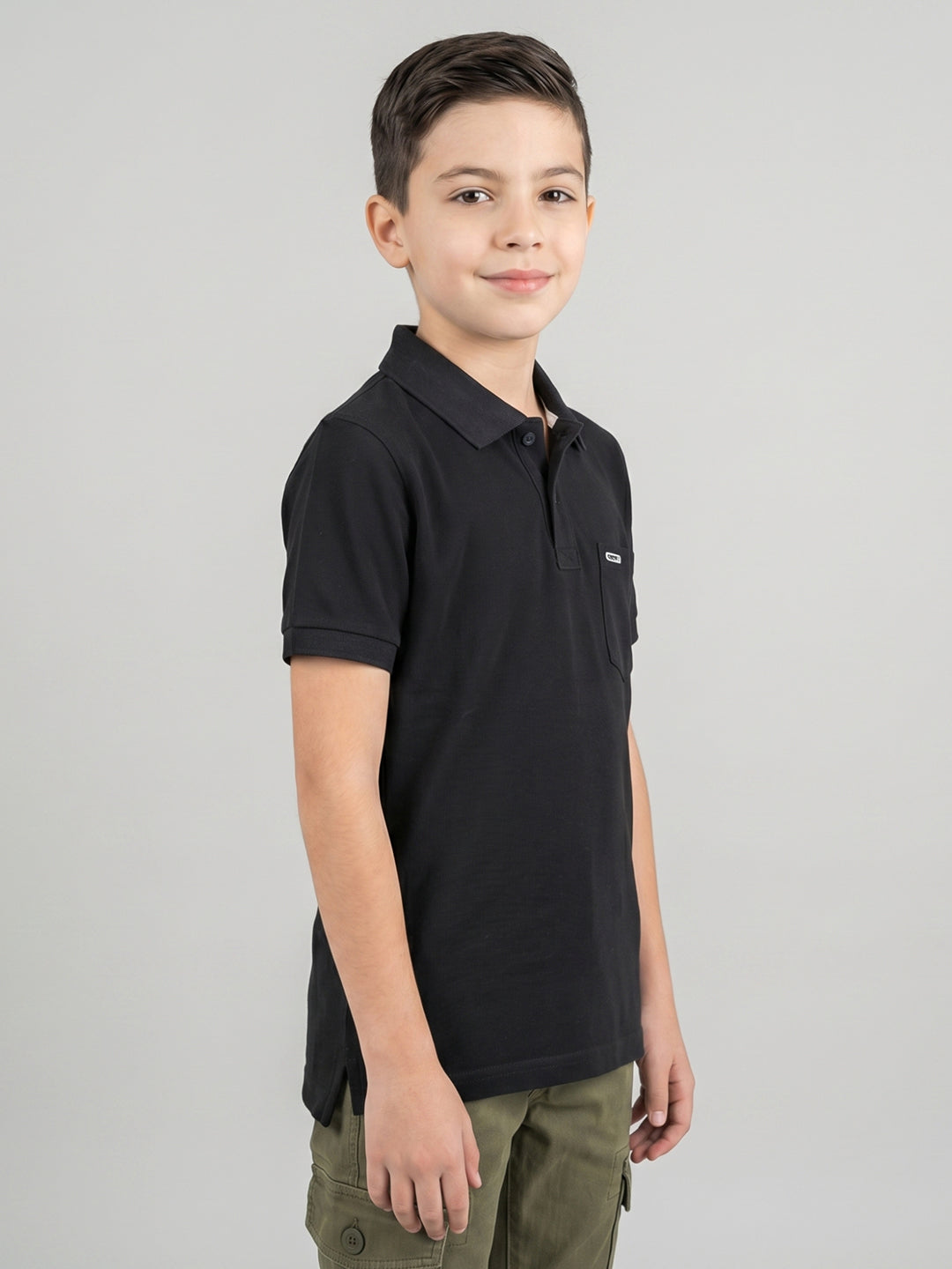 Boys Black Printed Collar Half Sleeve T-Shirt