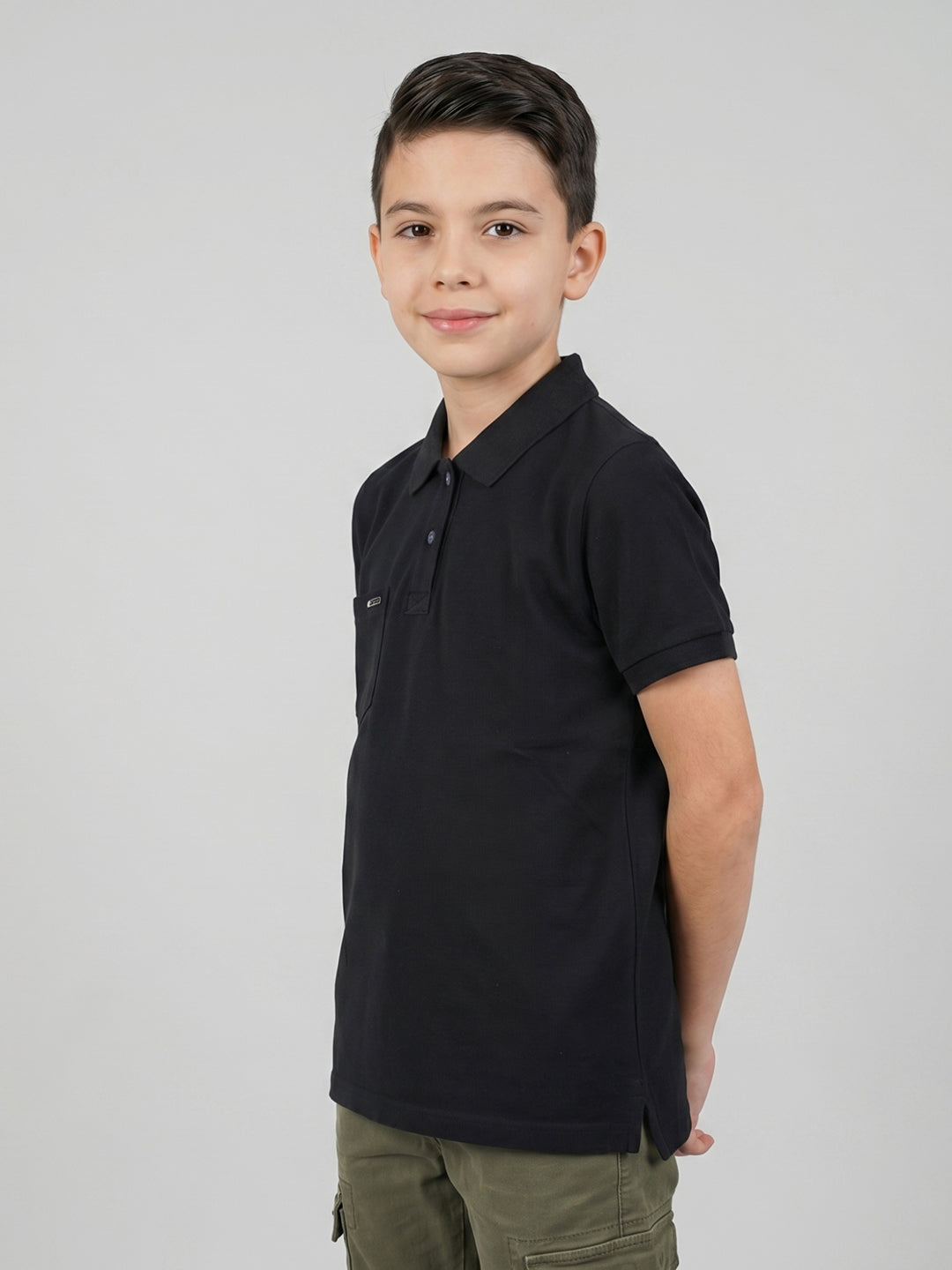 Boys Black Printed Collar Half Sleeve T-Shirt