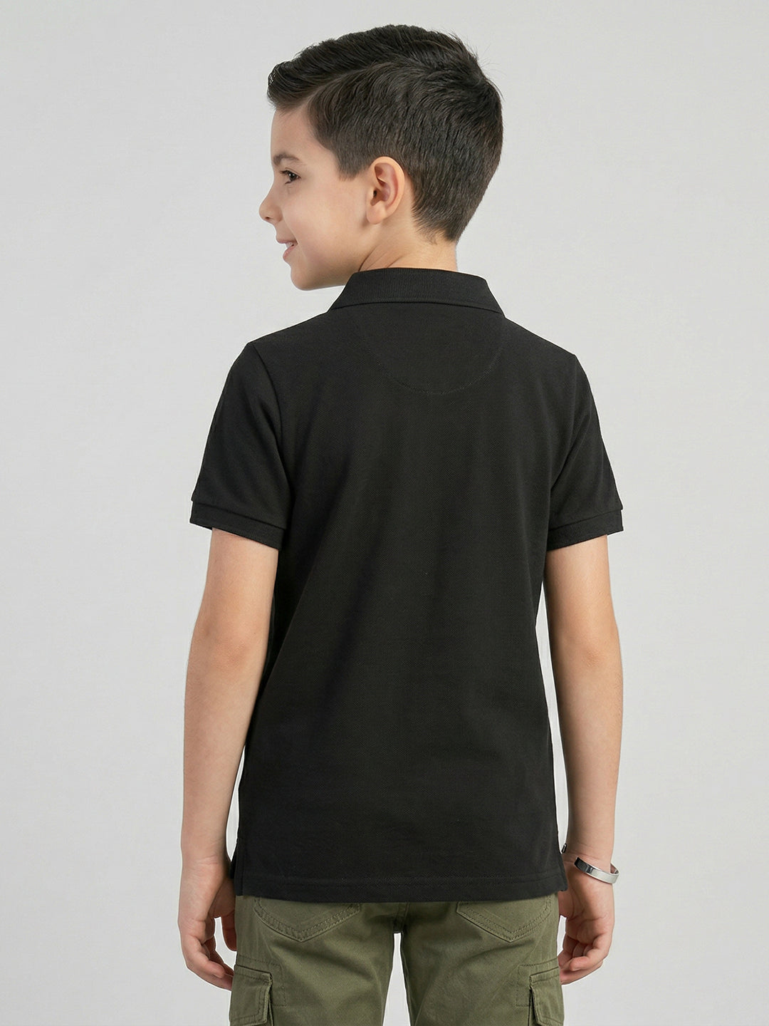Boys Black Printed Collar Half Sleeve T-Shirt